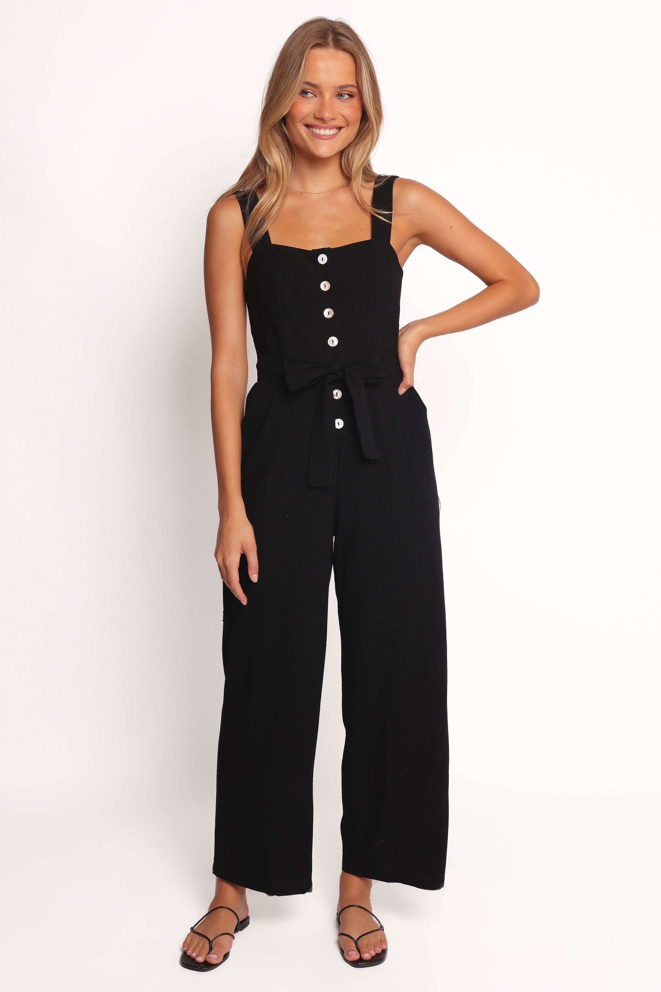 Rachel Square Neck Wide Leg Jumpsuit - Black Linen Blend