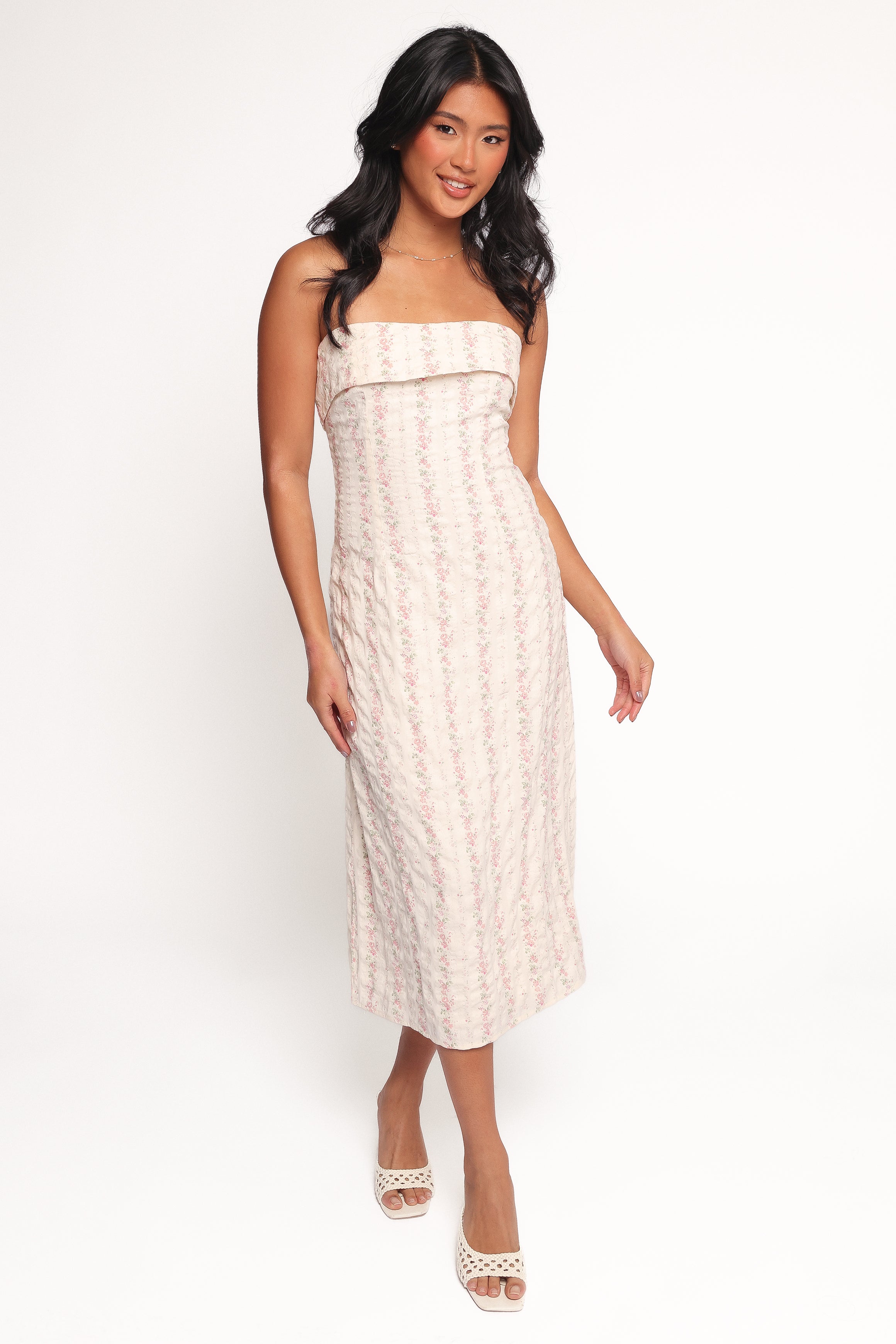 Pink Floral Strapless Midi Dress - Norma Elegant Party Wear