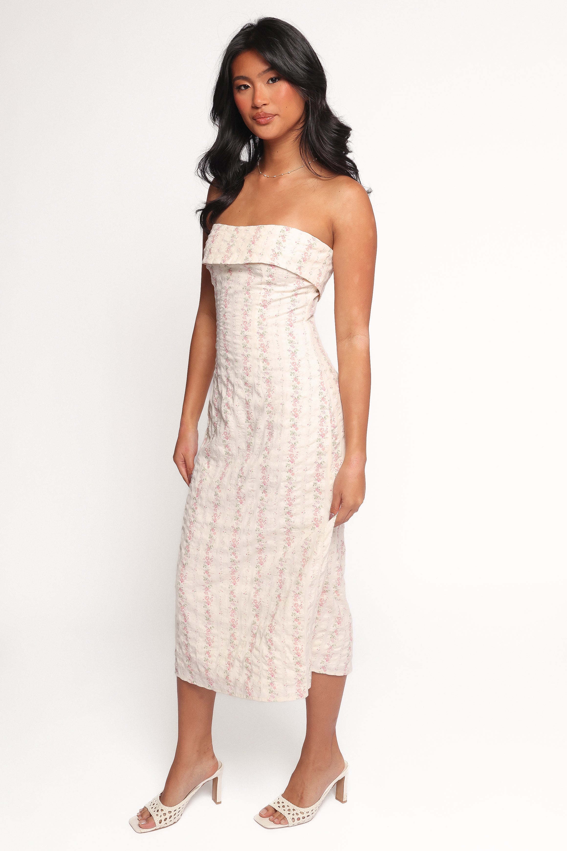 Pink Floral Strapless Midi Dress - Norma Elegant Party Wear