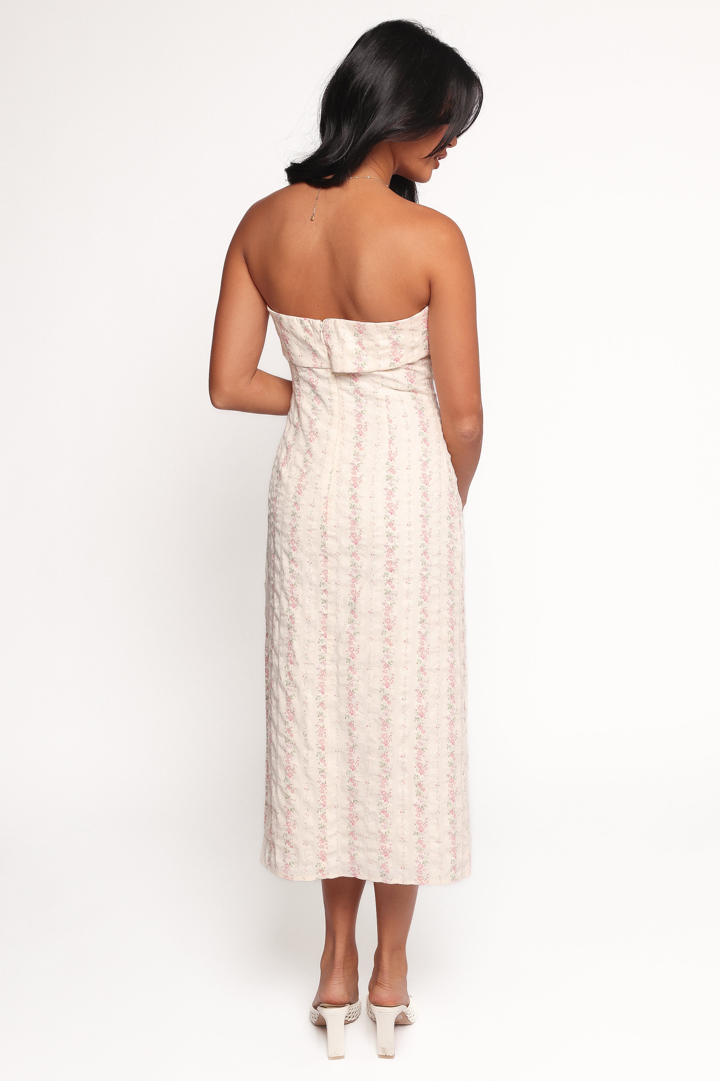 Pink Floral Strapless Midi Dress - Norma Elegant Party Wear