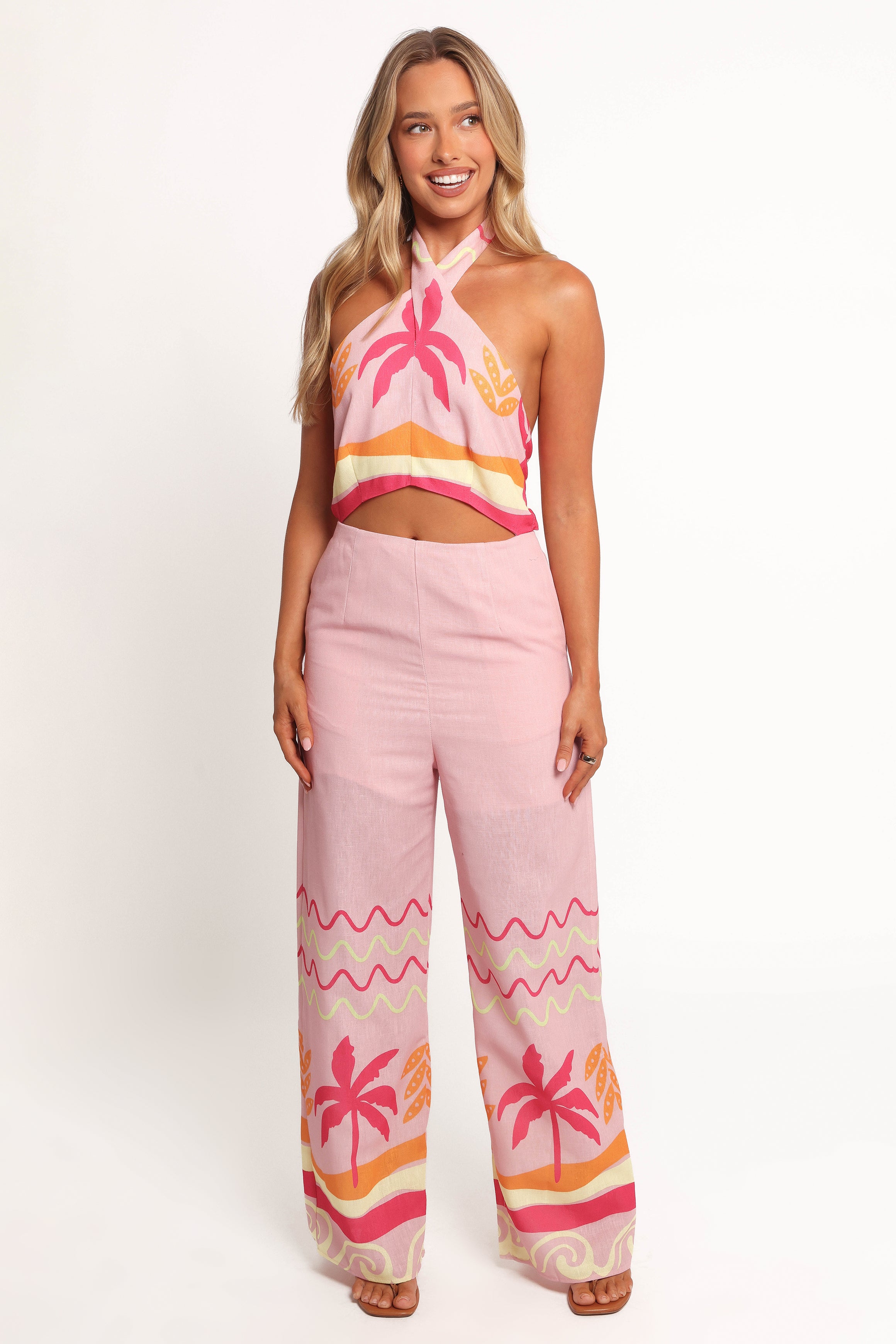 Aryn Halterneck Jumpsuit - Pink Palm Print Cotton Romper
