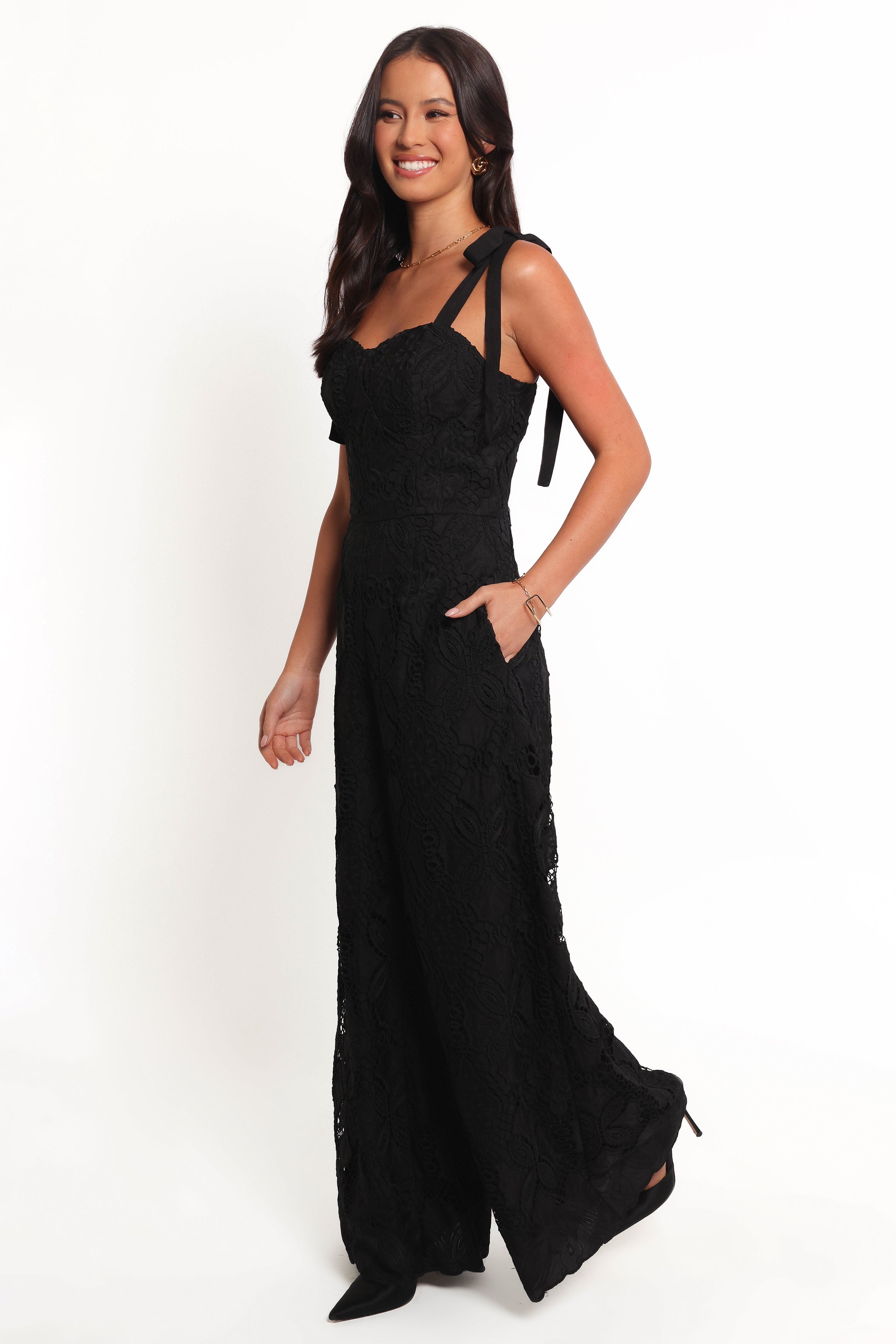 Black Raya Jumpsuit with Sweetheart Neckline & Pockets