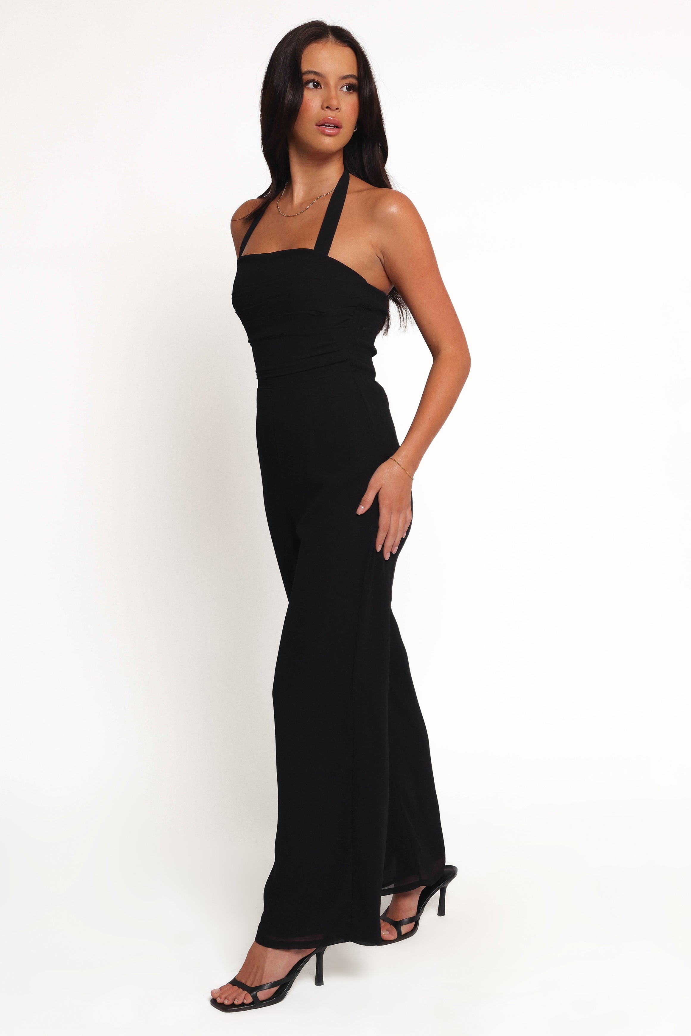 Amhran Black Halter Neck Jumpsuit with Pleated Bust Detail