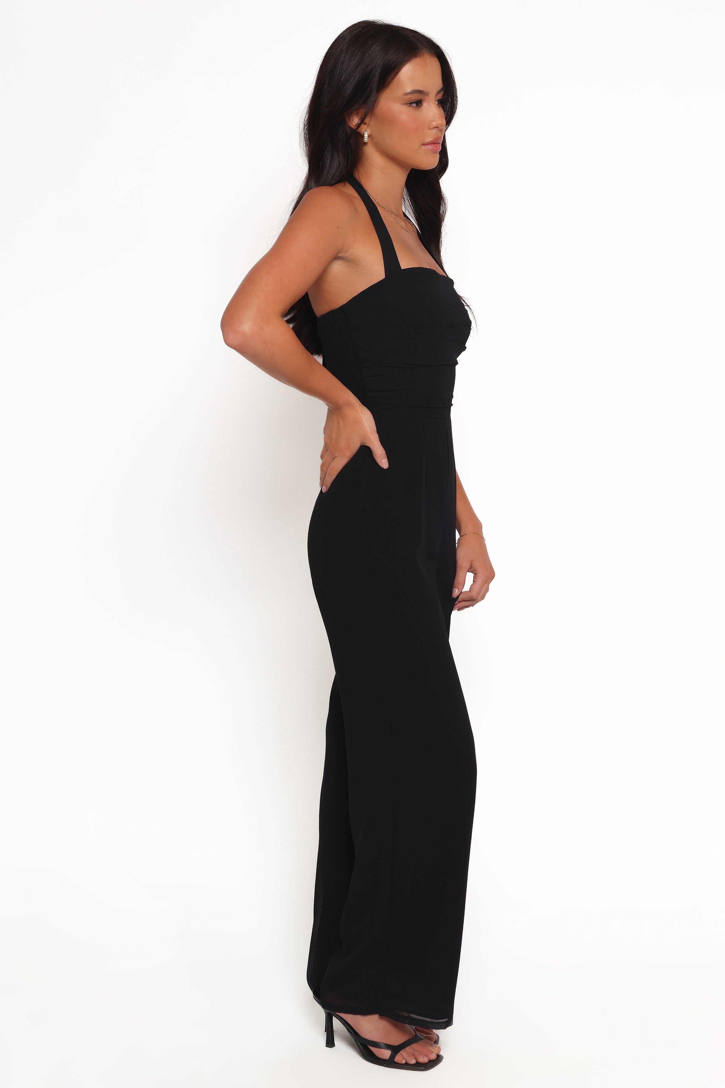 Amhran Black Halter Neck Jumpsuit with Pleated Bust Detail