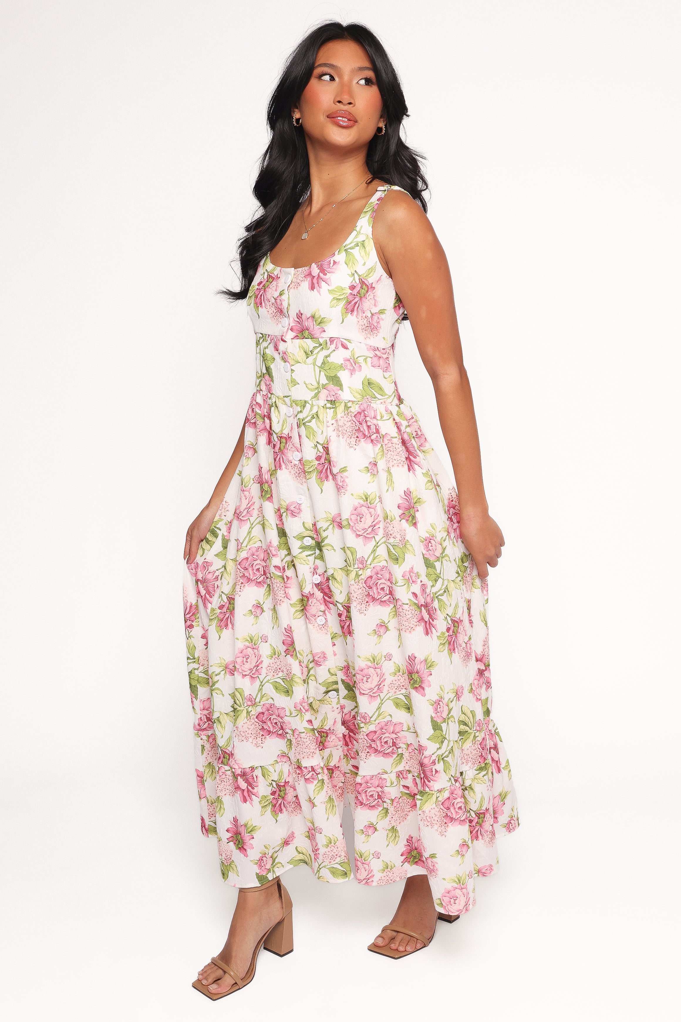 Floral Tullia Maxi Dress with Pockets - Pink Square Neck