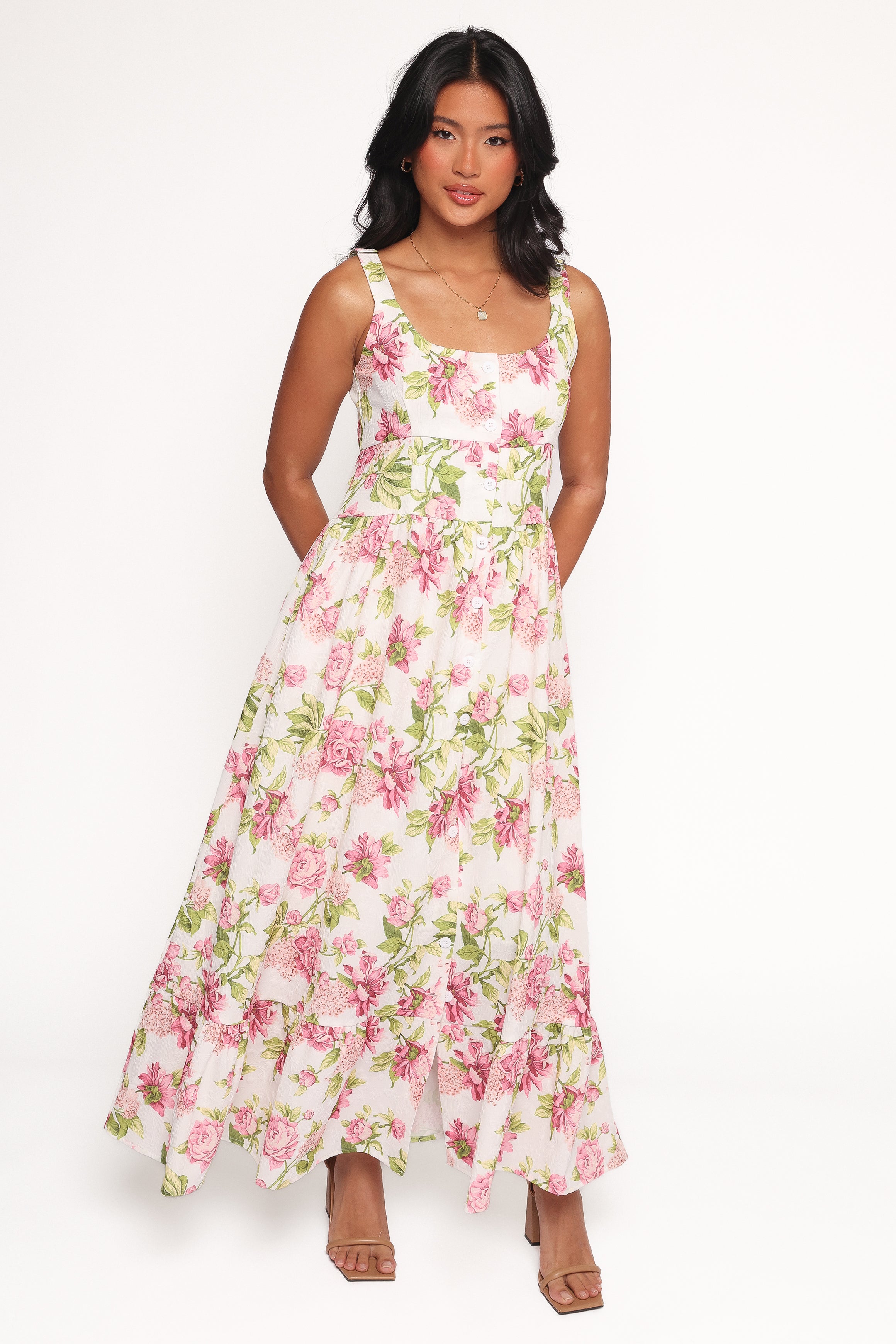Floral Tullia Maxi Dress with Pockets - Pink Square Neck