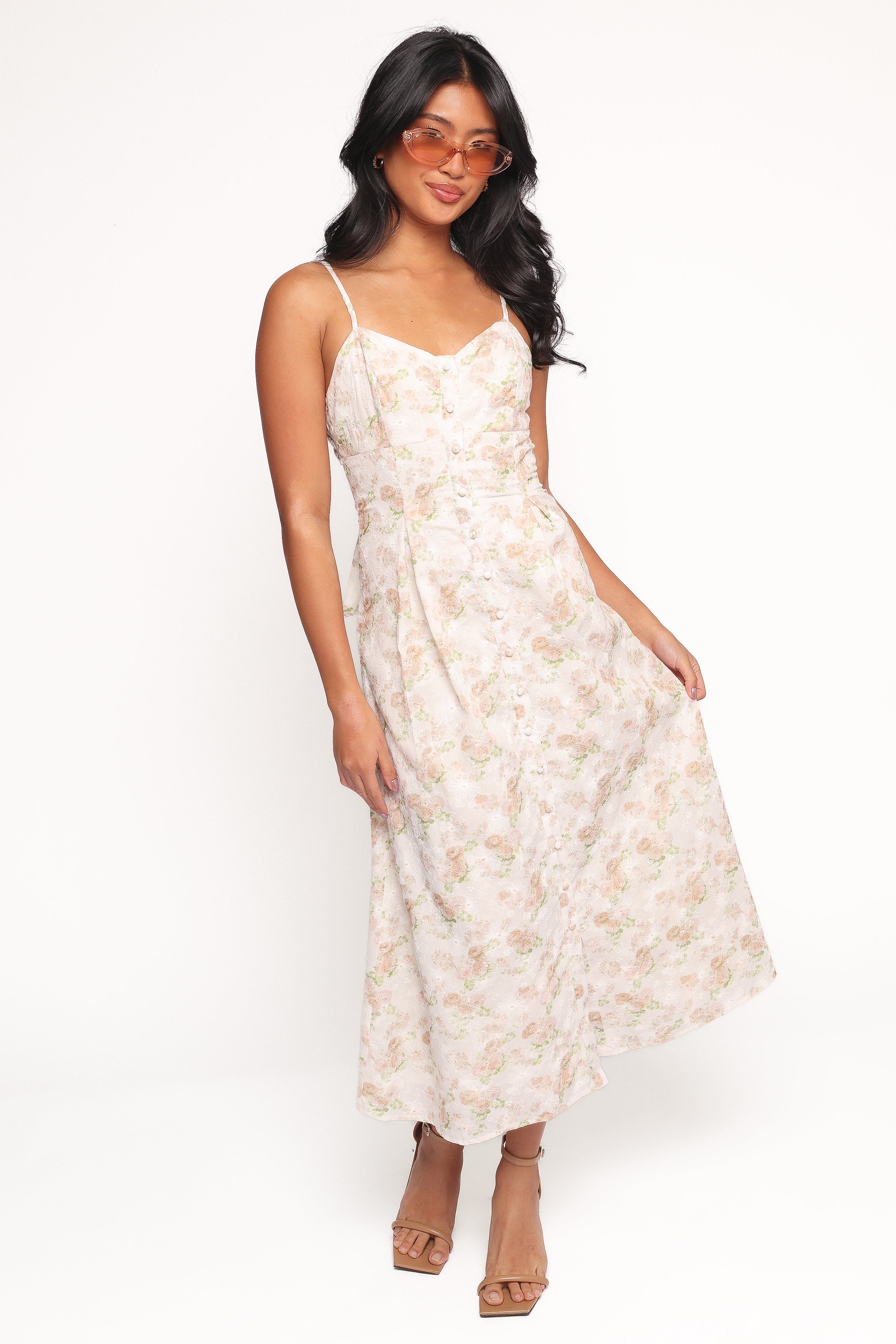 Floral Cotton Midi Dress with Sweetheart Neckline - Teah
