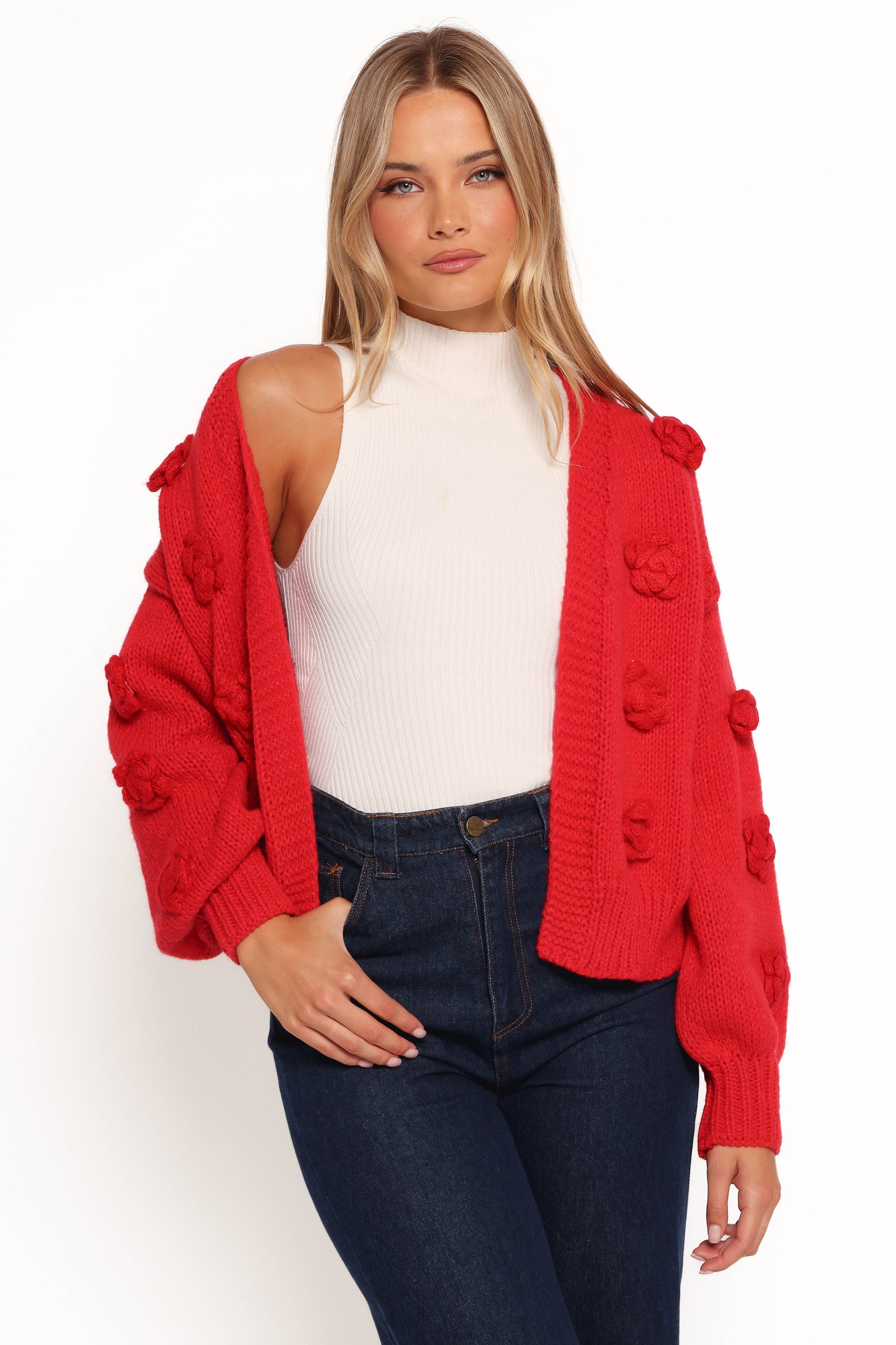 Doralee Rose Red Cardigan with 3D Flowers & Balloon Sleeves