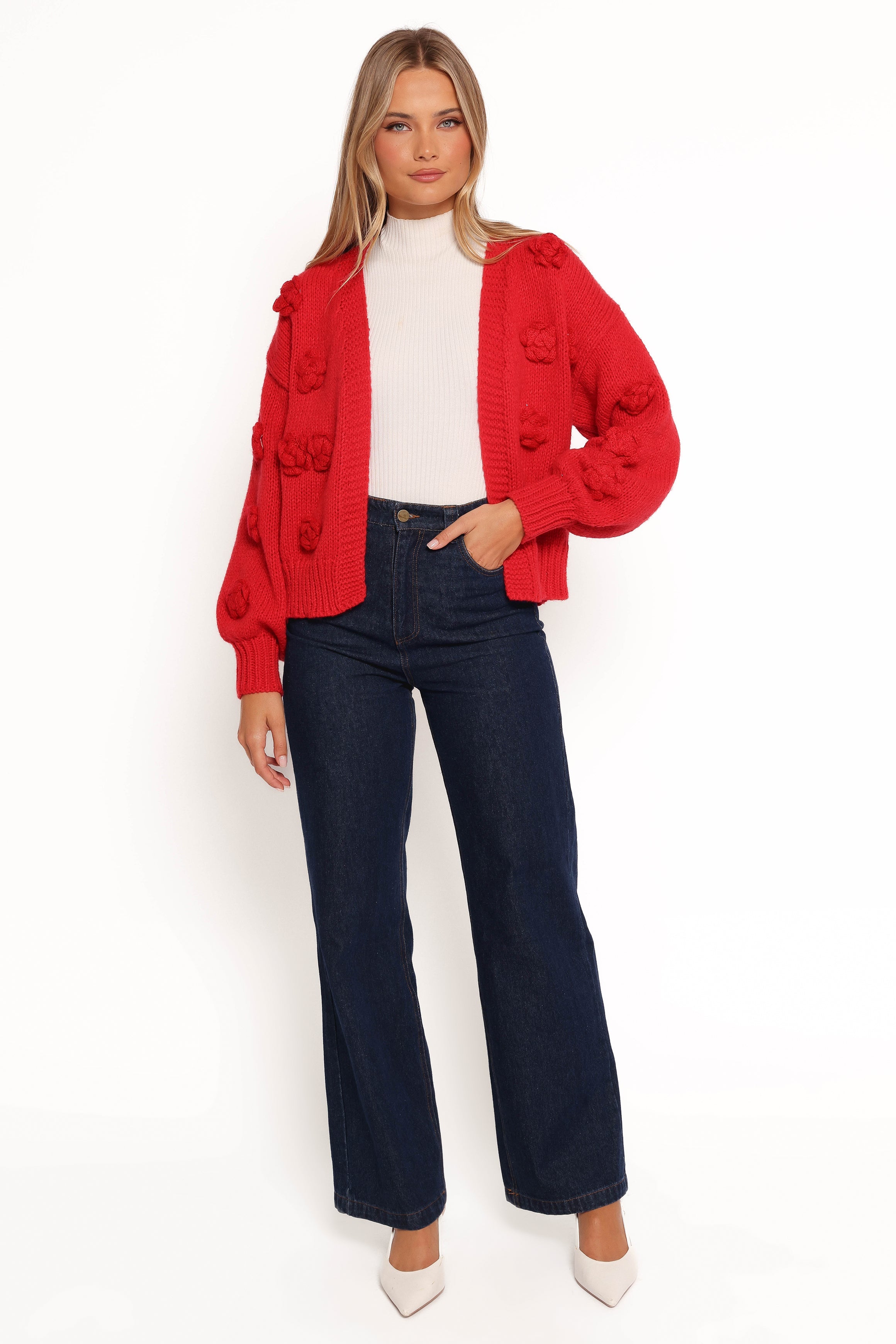 Doralee Rose Red Cardigan with 3D Flowers & Balloon Sleeves