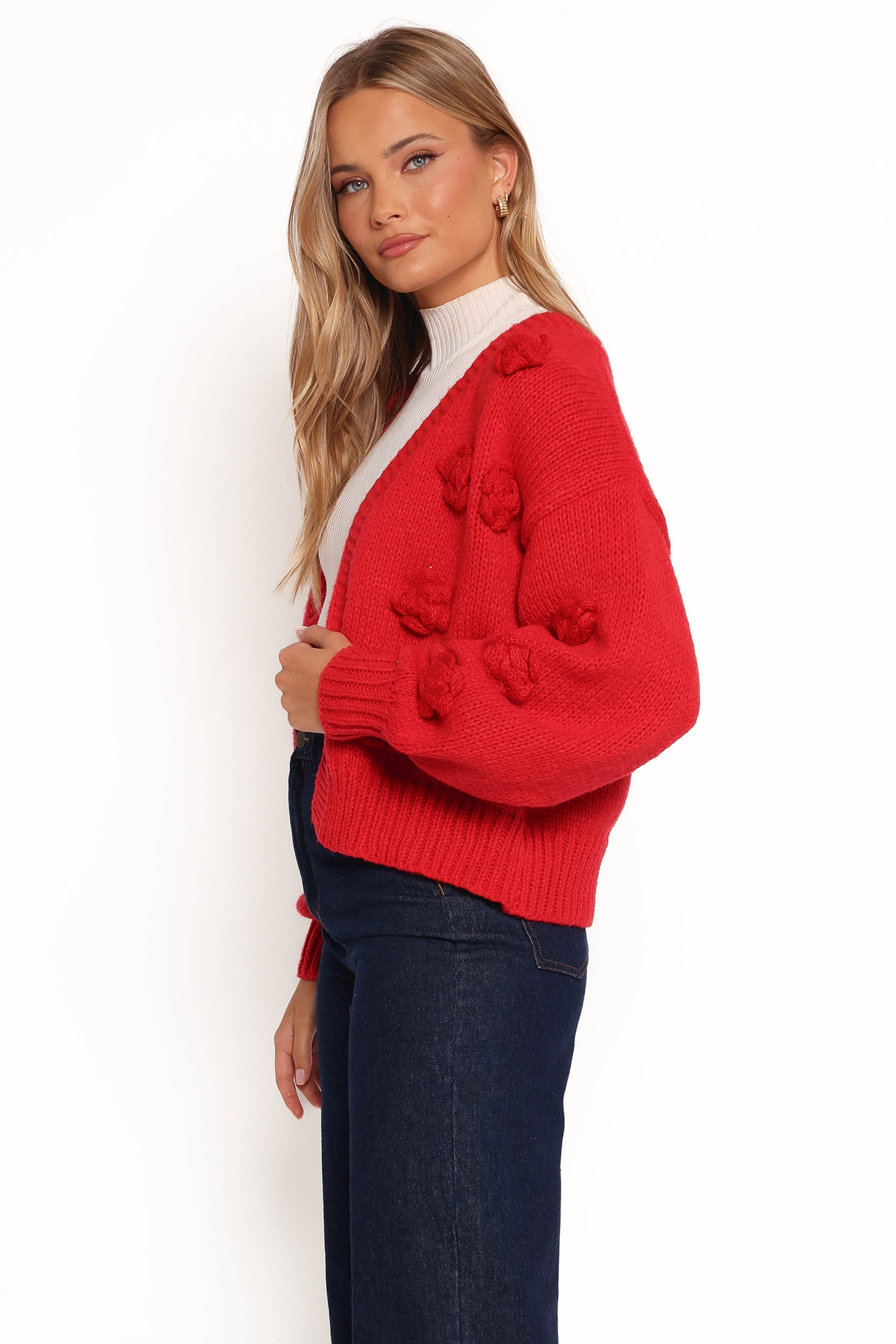 Doralee Rose Red Cardigan with 3D Flowers & Balloon Sleeves