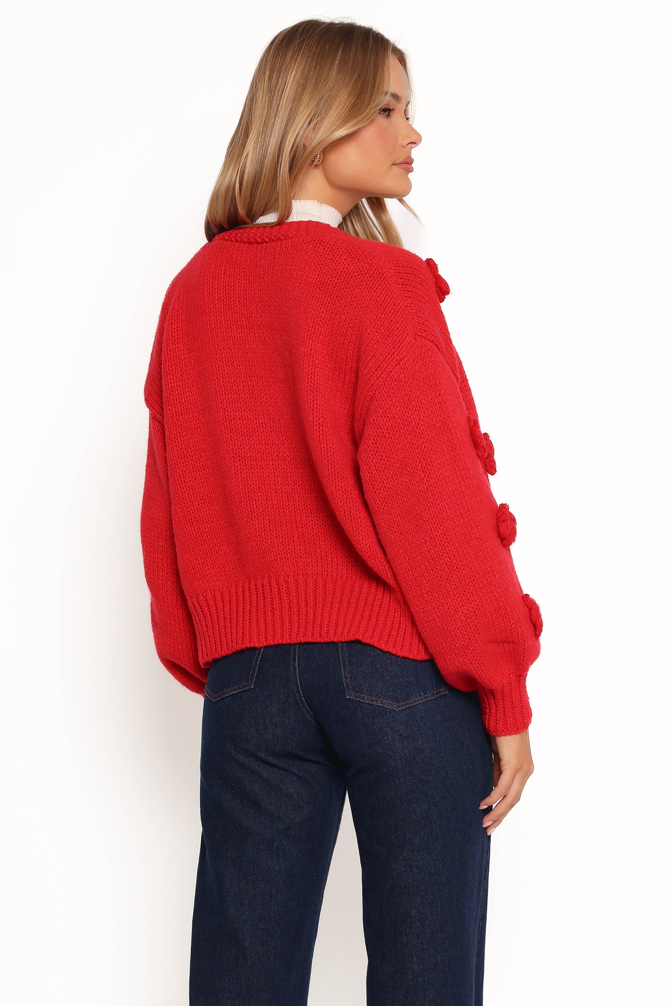 Doralee Rose Red Cardigan with 3D Flowers & Balloon Sleeves