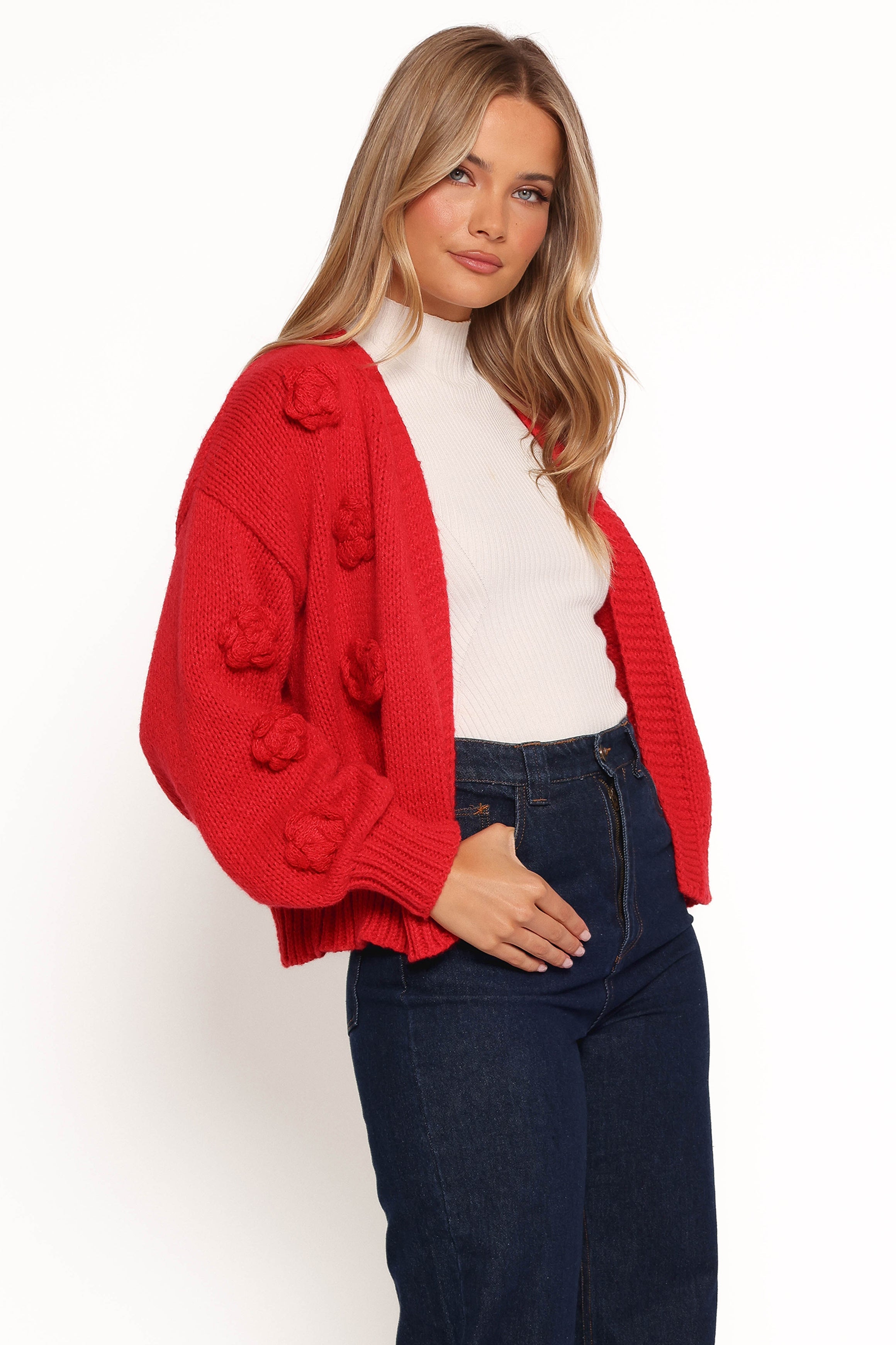 Doralee Rose Red Cardigan with 3D Flowers & Balloon Sleeves