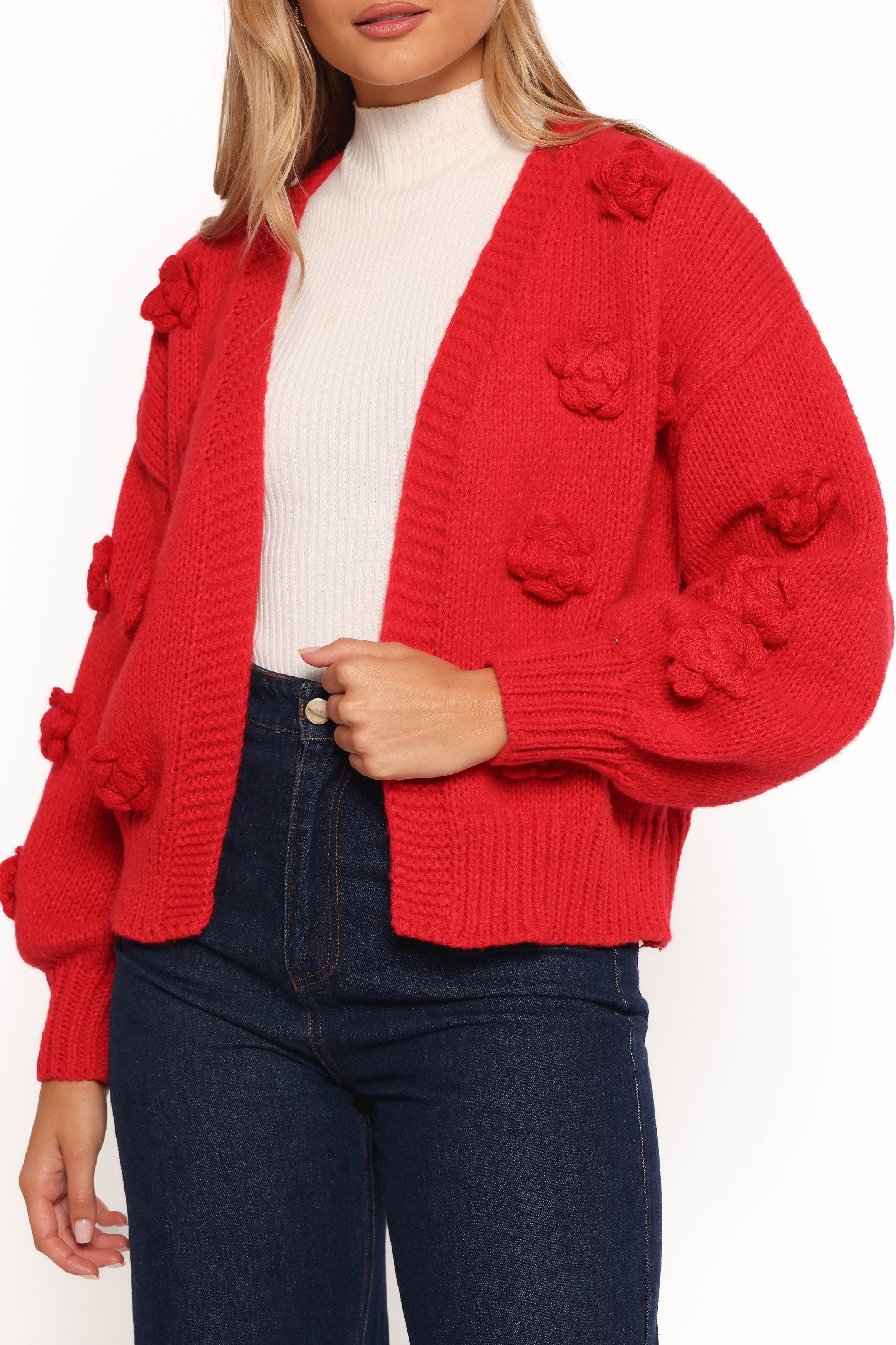 Doralee Rose Red Cardigan with 3D Flowers & Balloon Sleeves