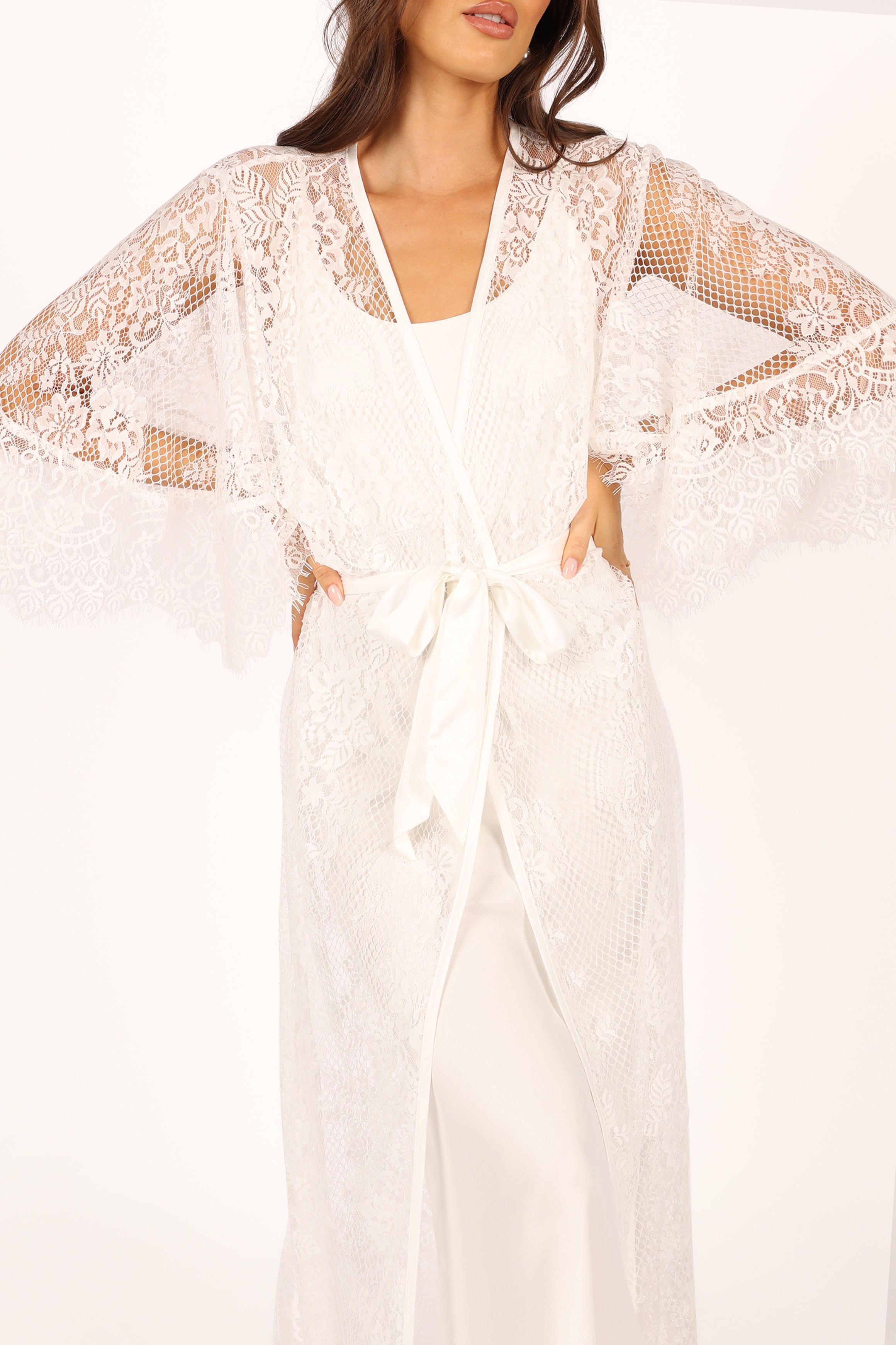 Ivory Lace Bridal Robe - Nephele Floral Wrap Design