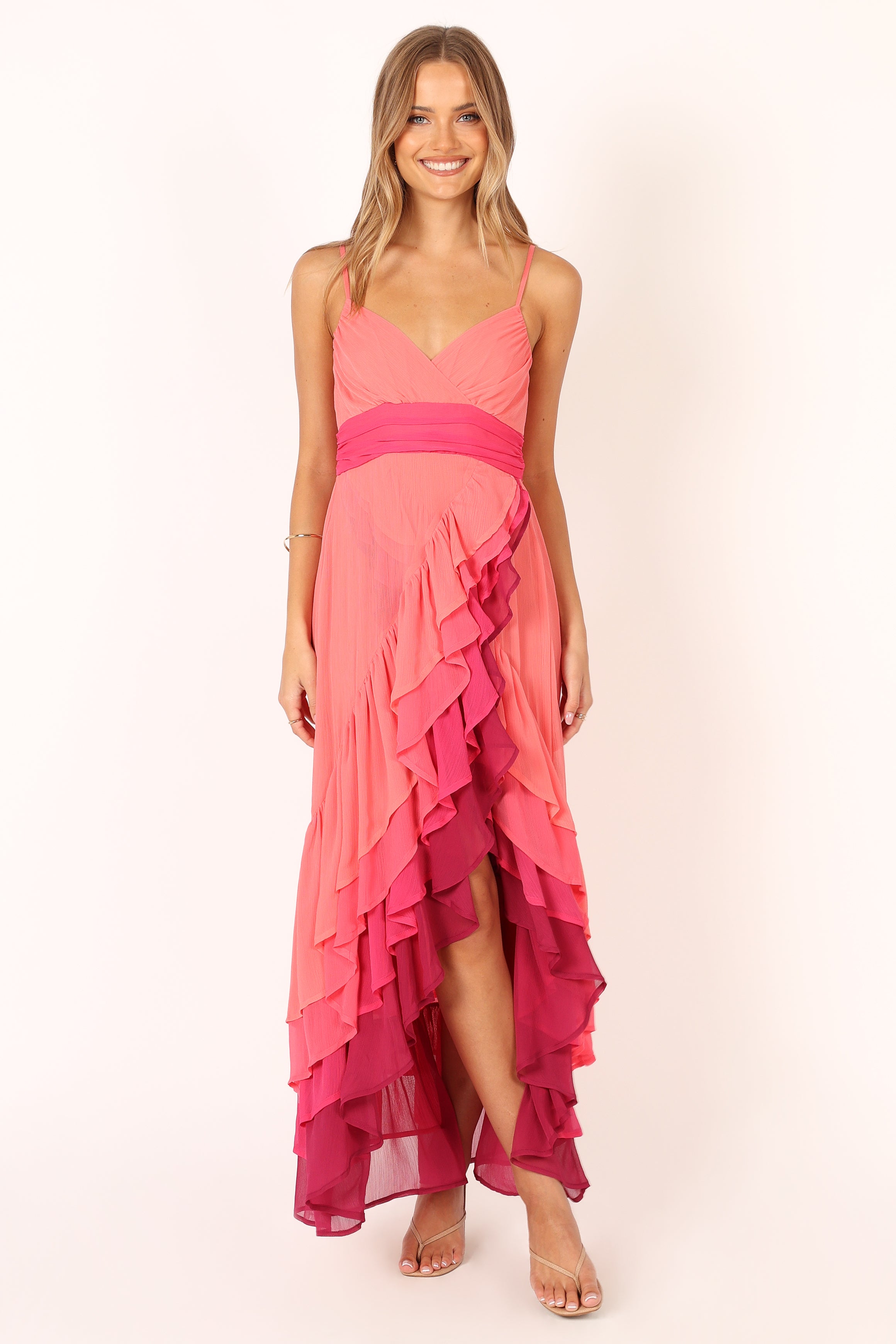 BomBon Coral Hot Pink Tiered Maxi Dress with V-Neck & Adjustable Straps
