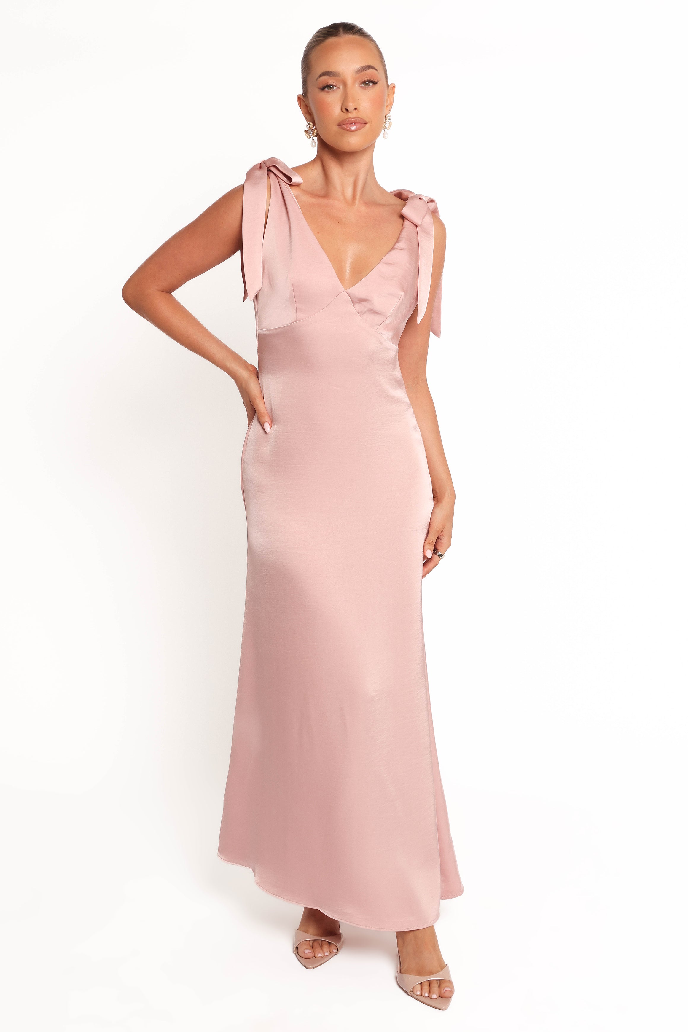 Claudine Satin Midi Dress with V Neck & Tie Straps - Pink