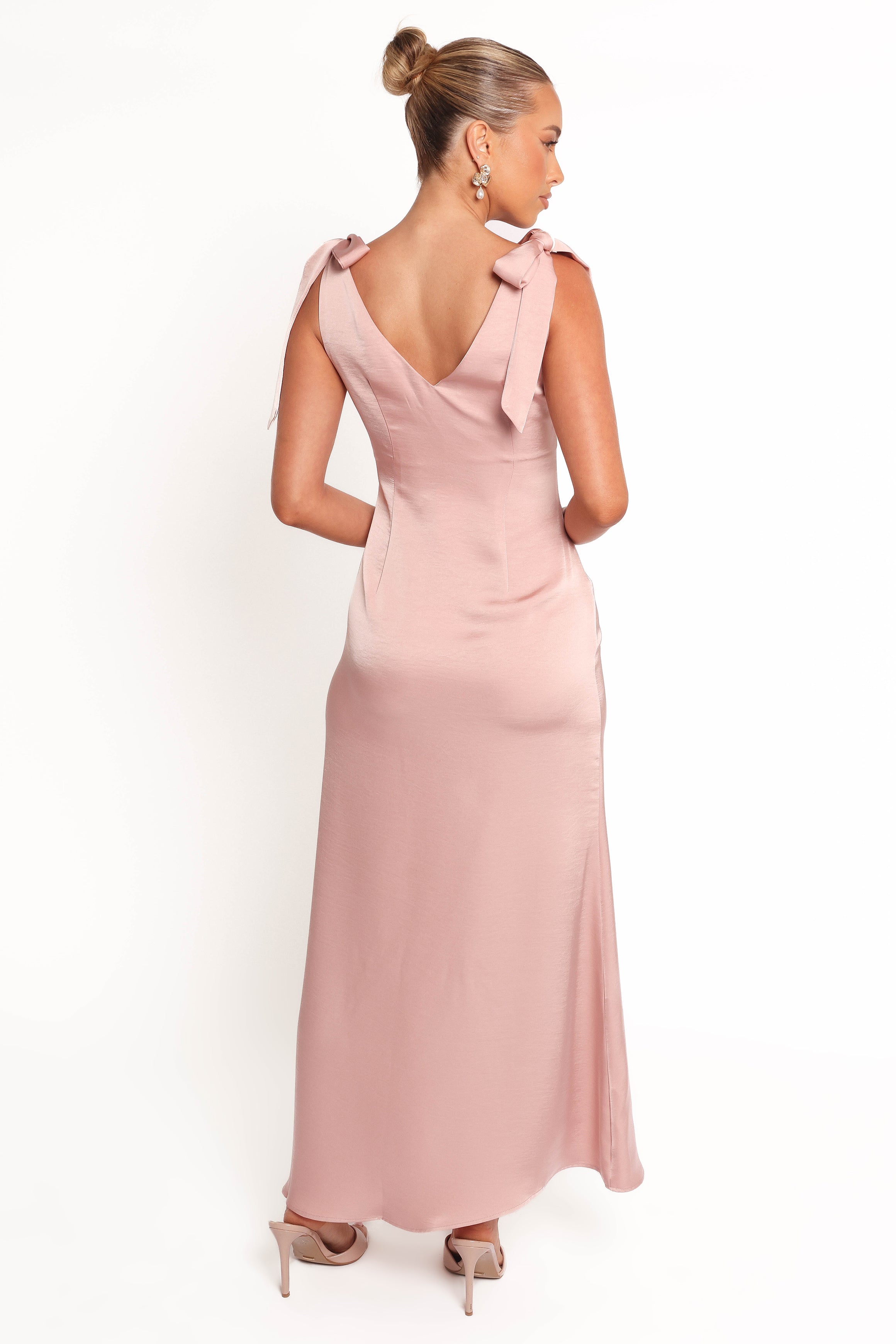 Claudine Satin Midi Dress with V Neck & Tie Straps - Pink