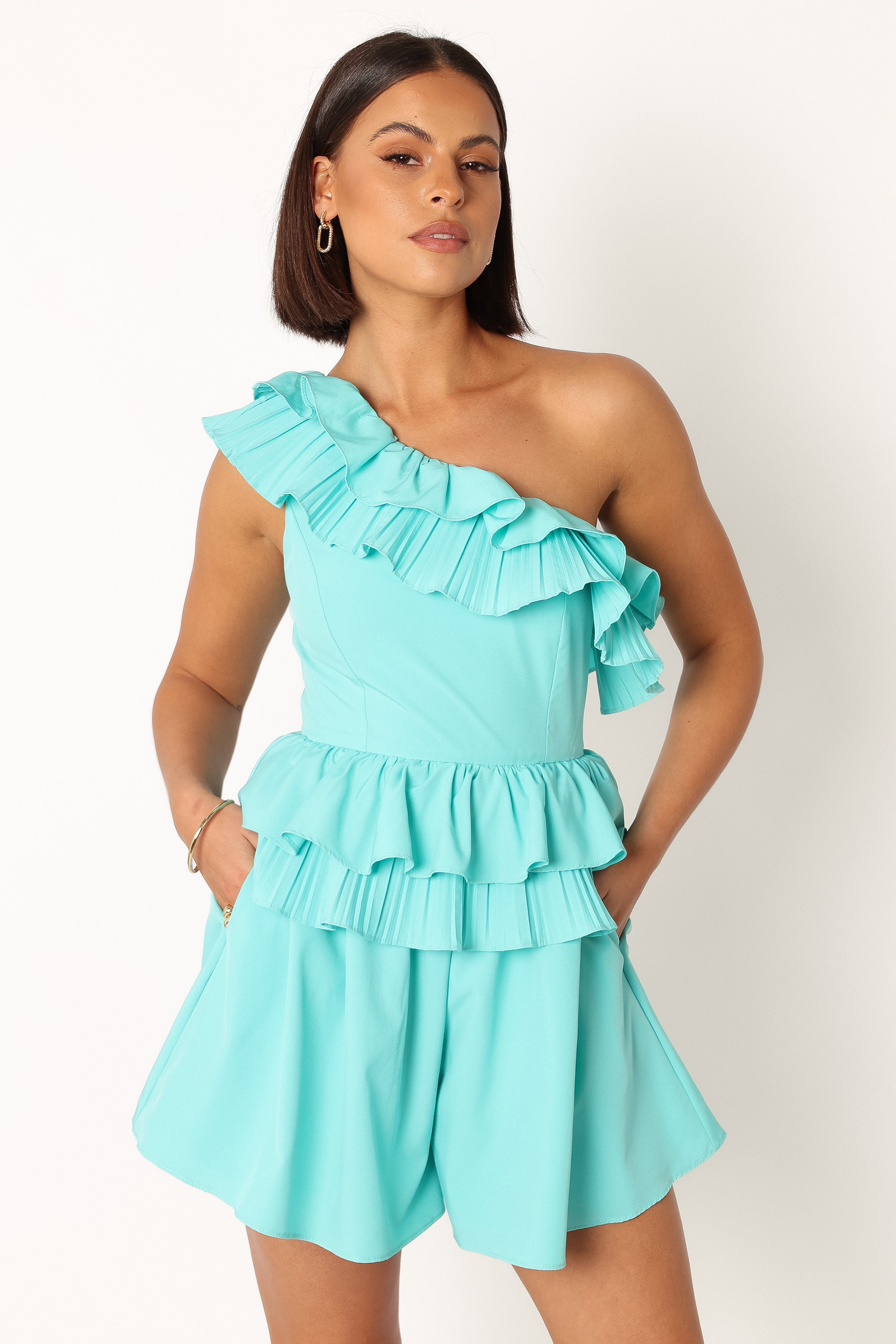 Blue One Shoulder Romper with Ruffles & Pockets – Rosewood