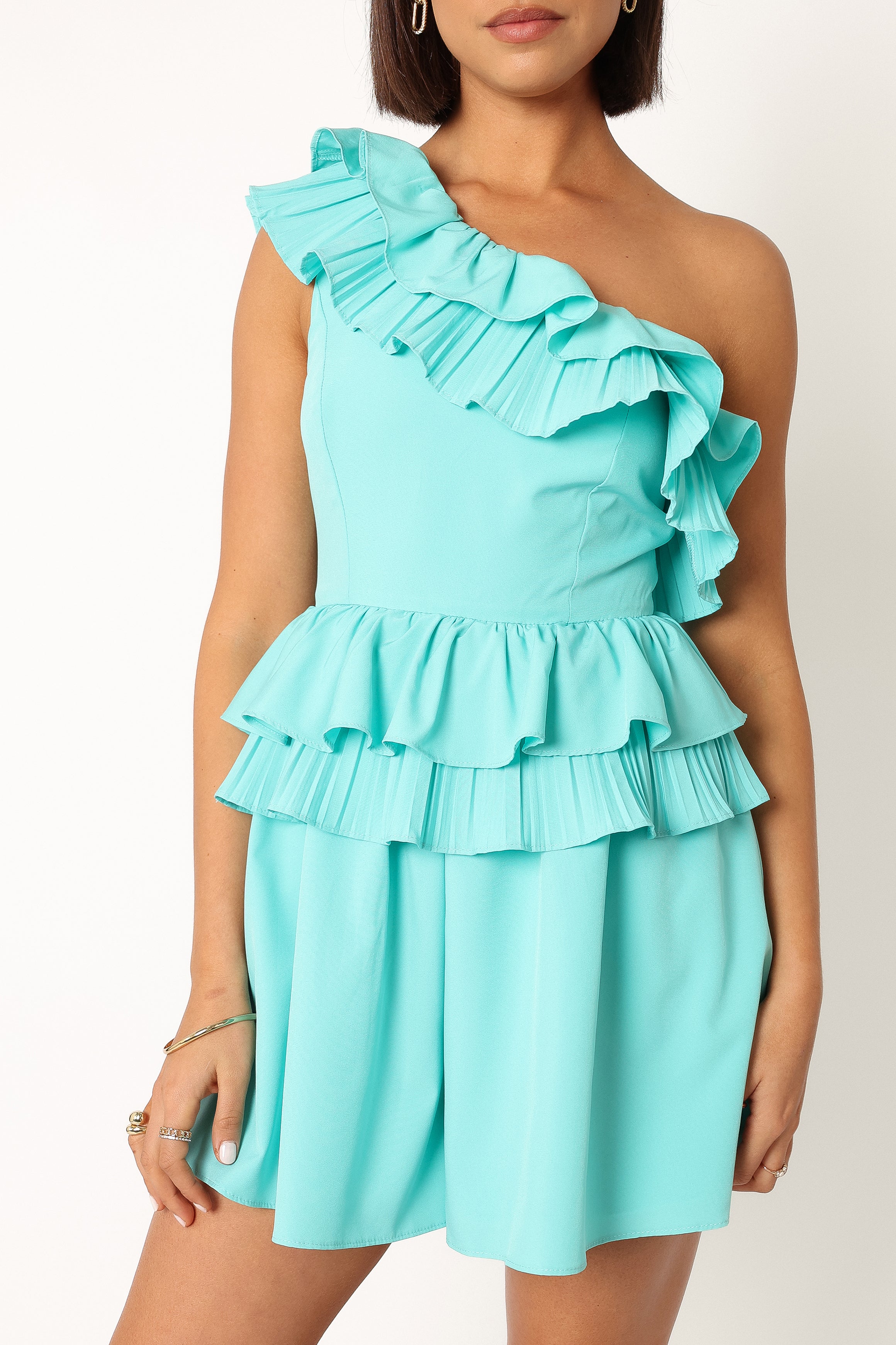 Blue One Shoulder Romper with Ruffles & Pockets – Rosewood