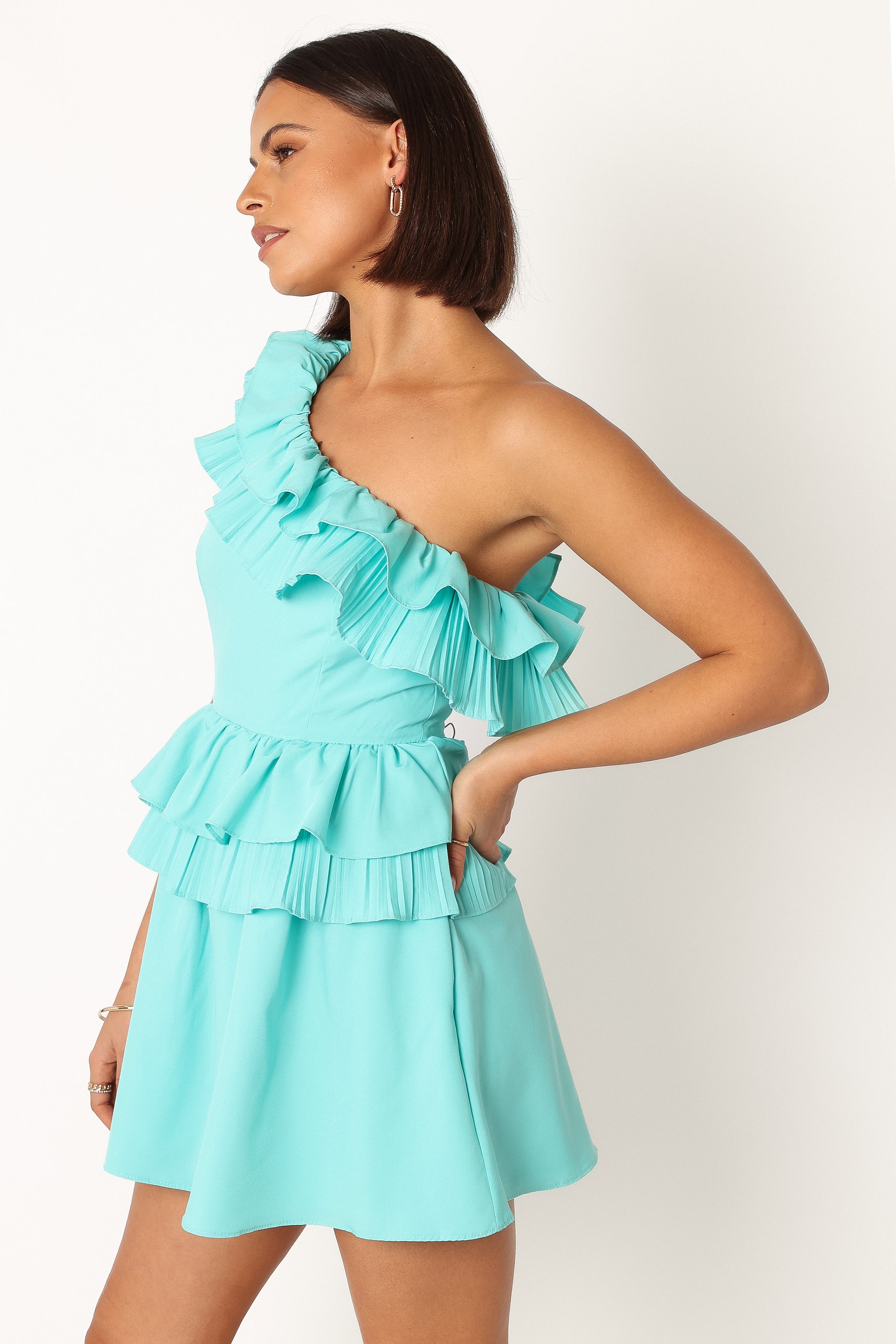 Blue One Shoulder Romper with Ruffles & Pockets – Rosewood