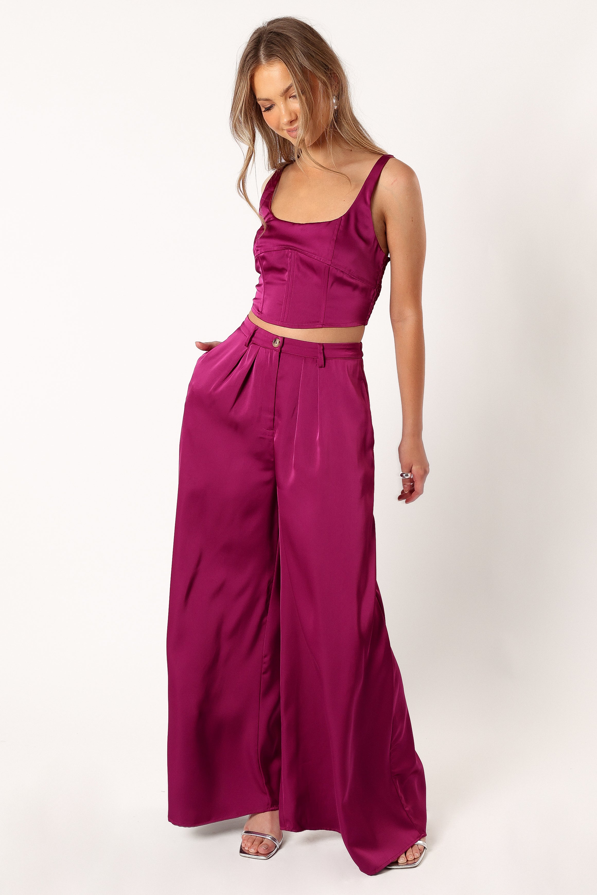 Felix Magenta Satin Corset Crop Top & Wide Leg Pant Set