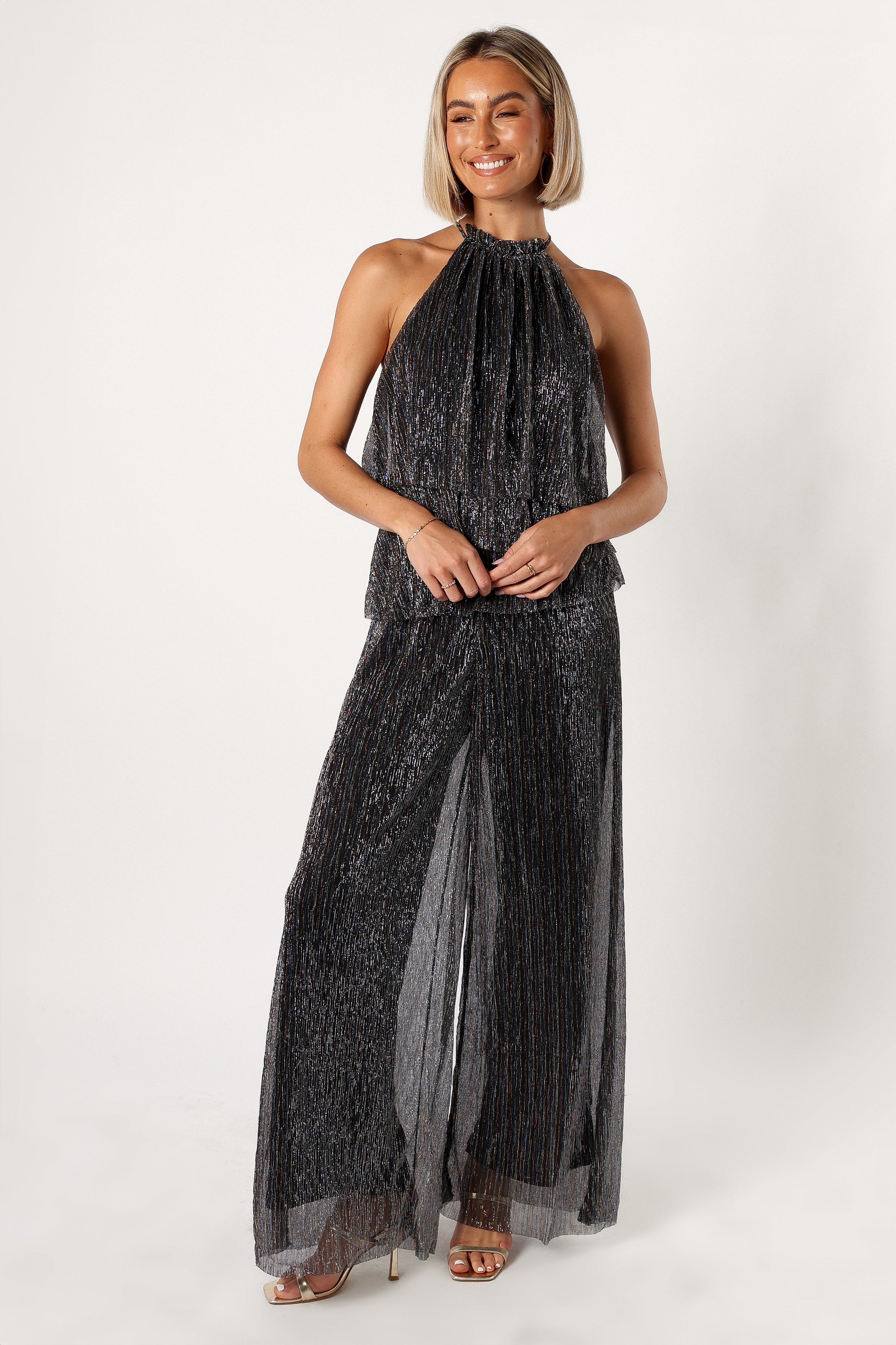 Elly Women's Black Halter Neck Jumpsuit with Plisse Detail