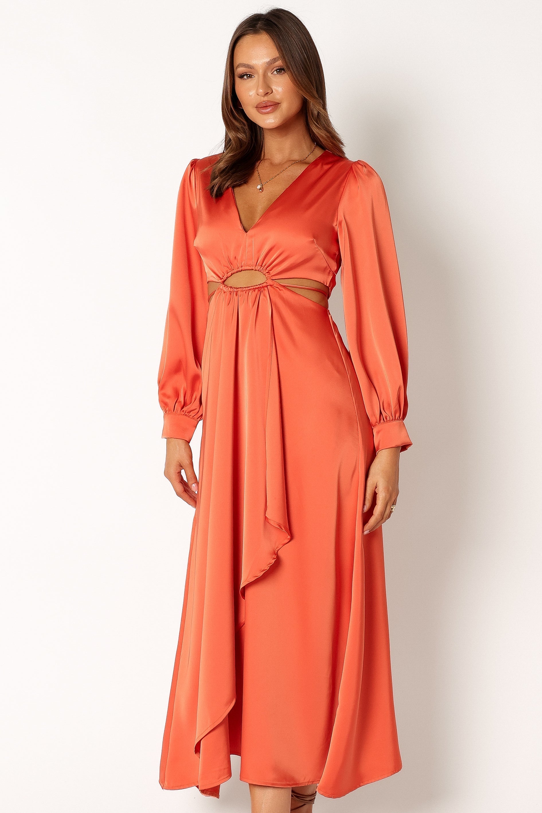 Orange Satin Midi Dress with V-Neck & Cut-Out Detail
