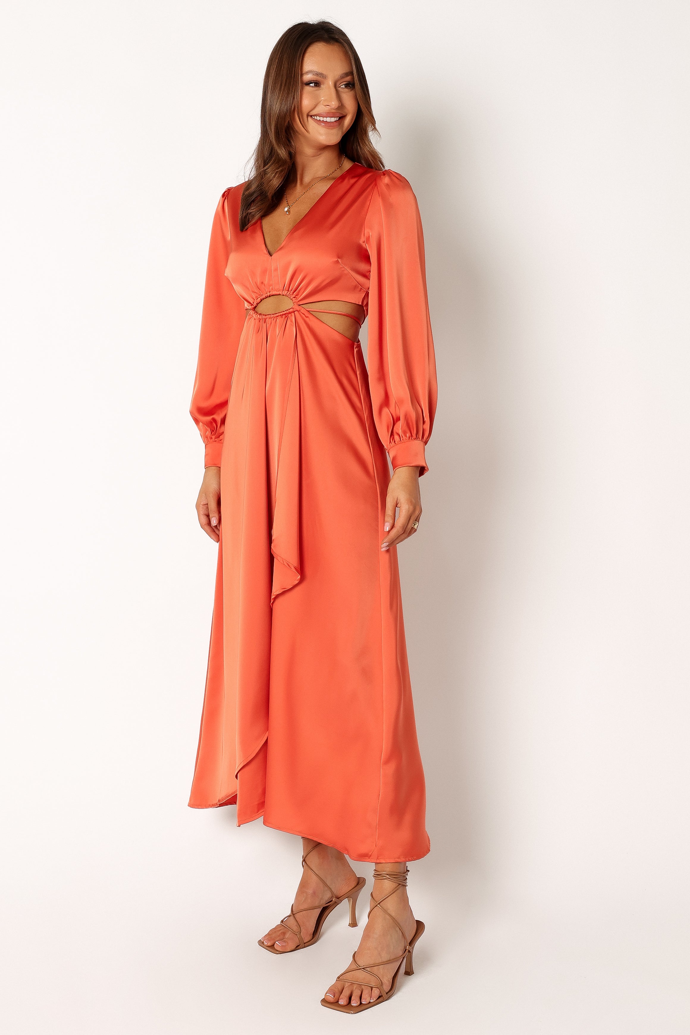 Orange Satin Midi Dress with V-Neck & Cut-Out Detail
