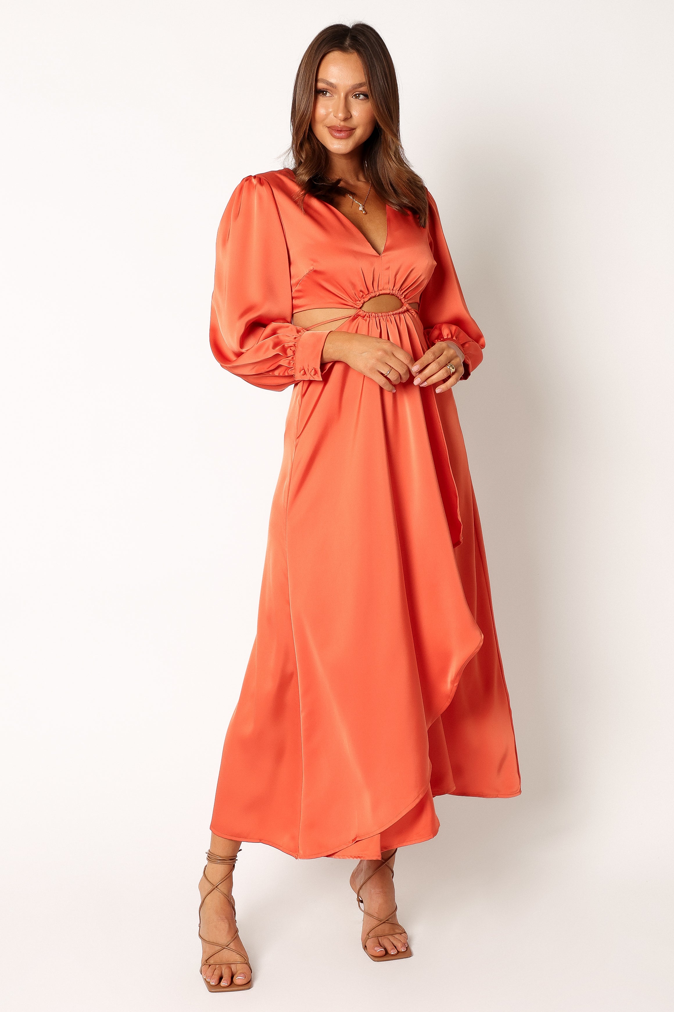Orange Satin Midi Dress with V-Neck & Cut-Out Detail