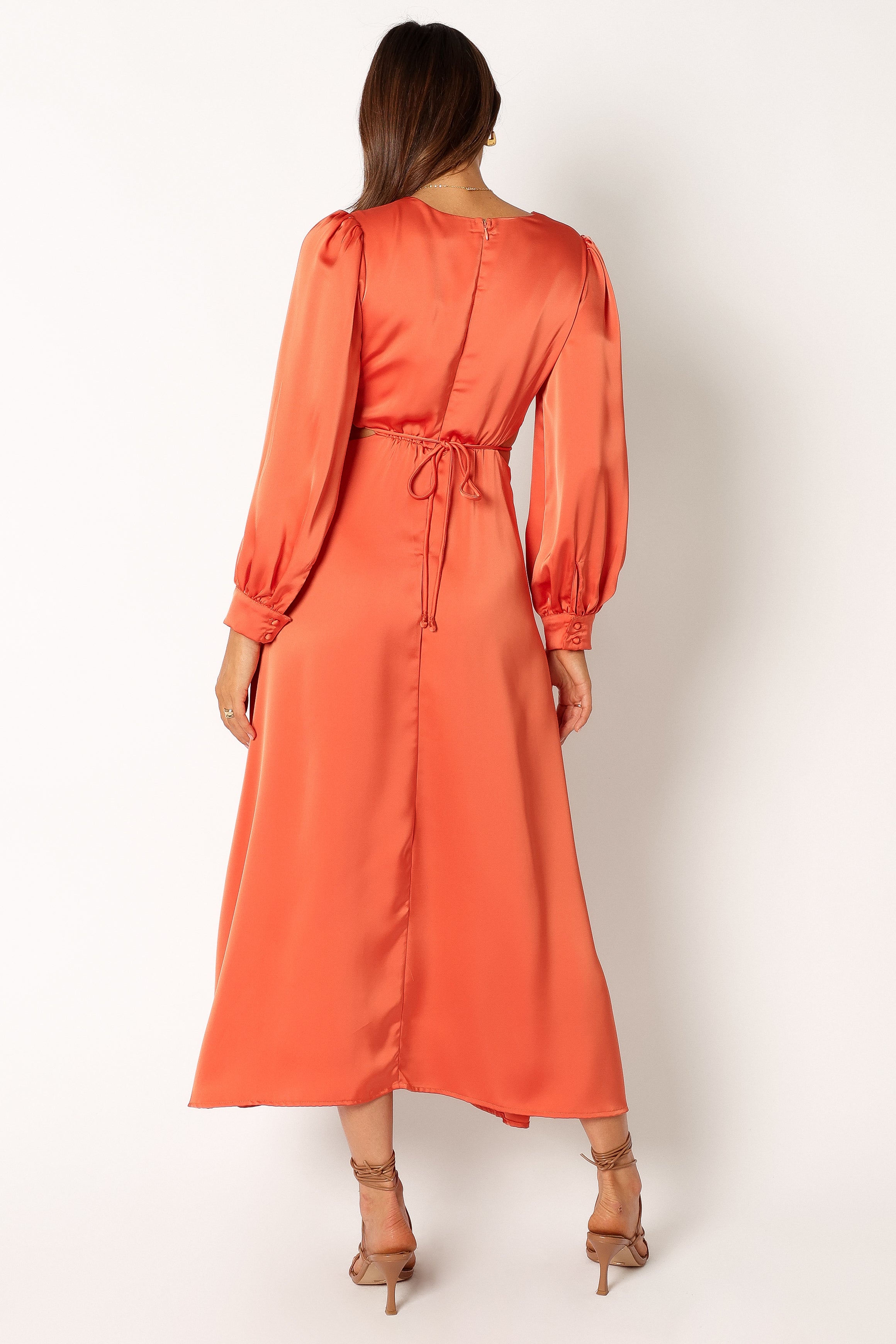 Orange Satin Midi Dress with V-Neck & Cut-Out Detail