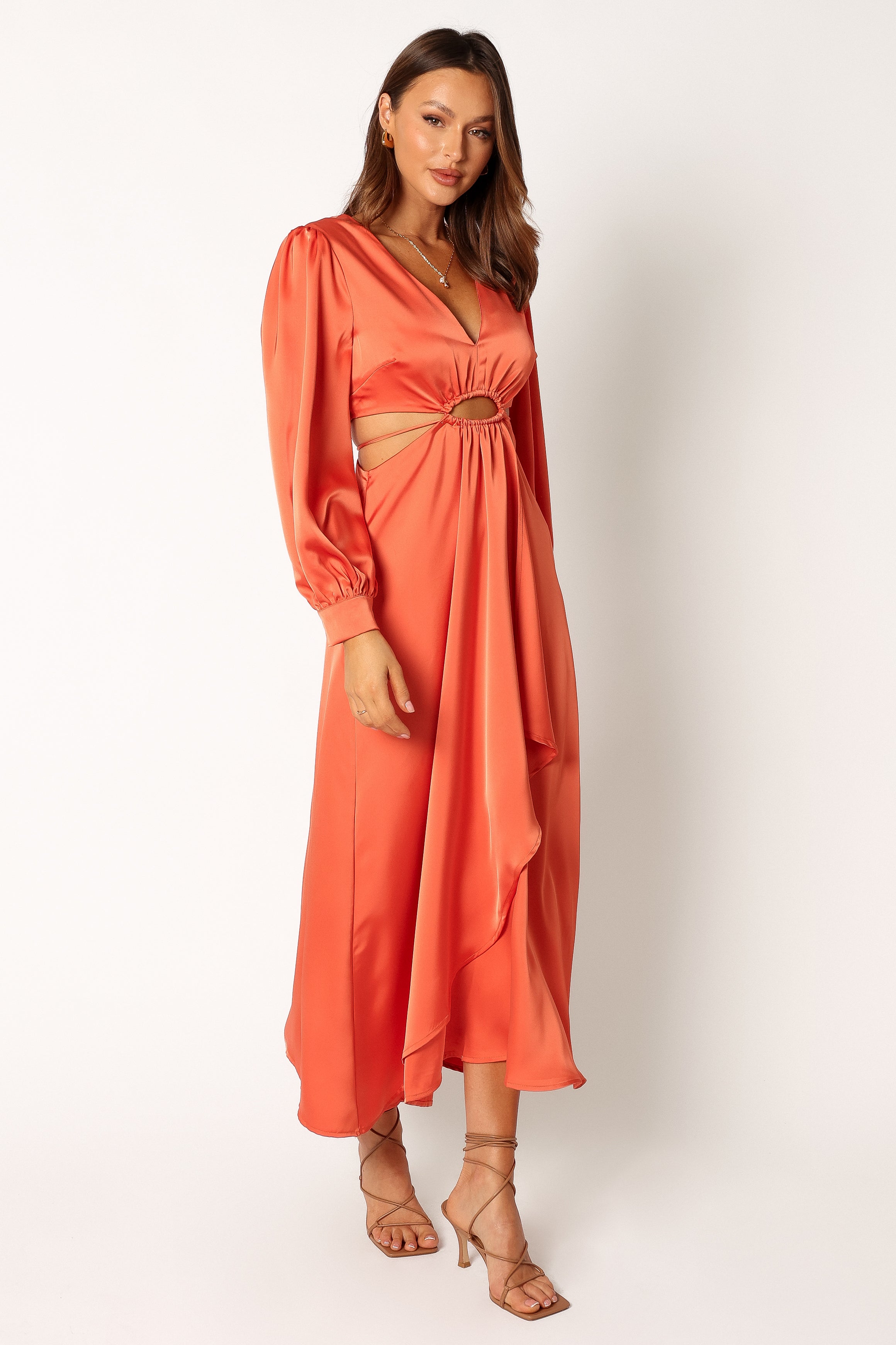Orange Satin Midi Dress with V-Neck & Cut-Out Detail