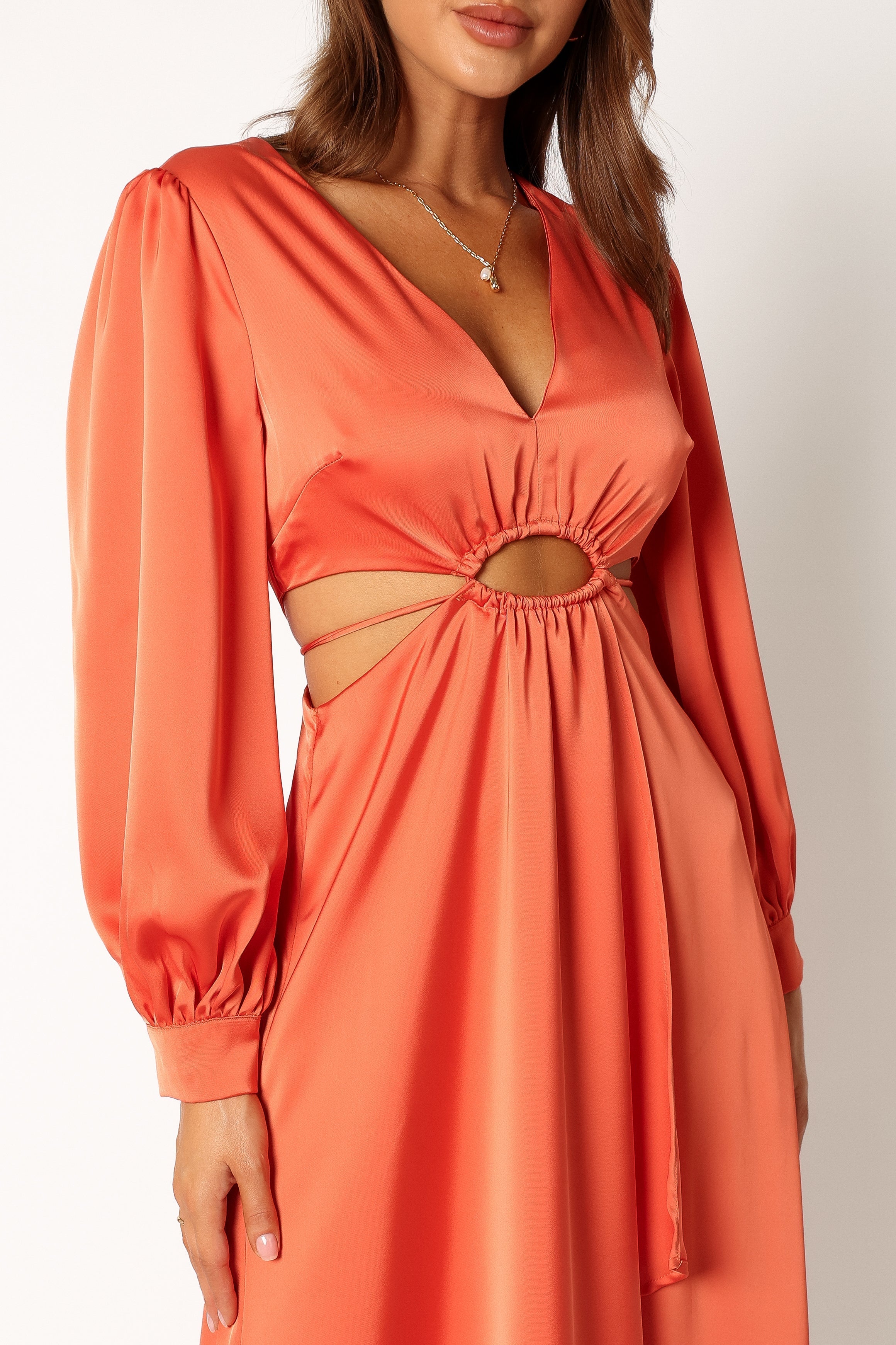 Orange Satin Midi Dress with V-Neck & Cut-Out Detail