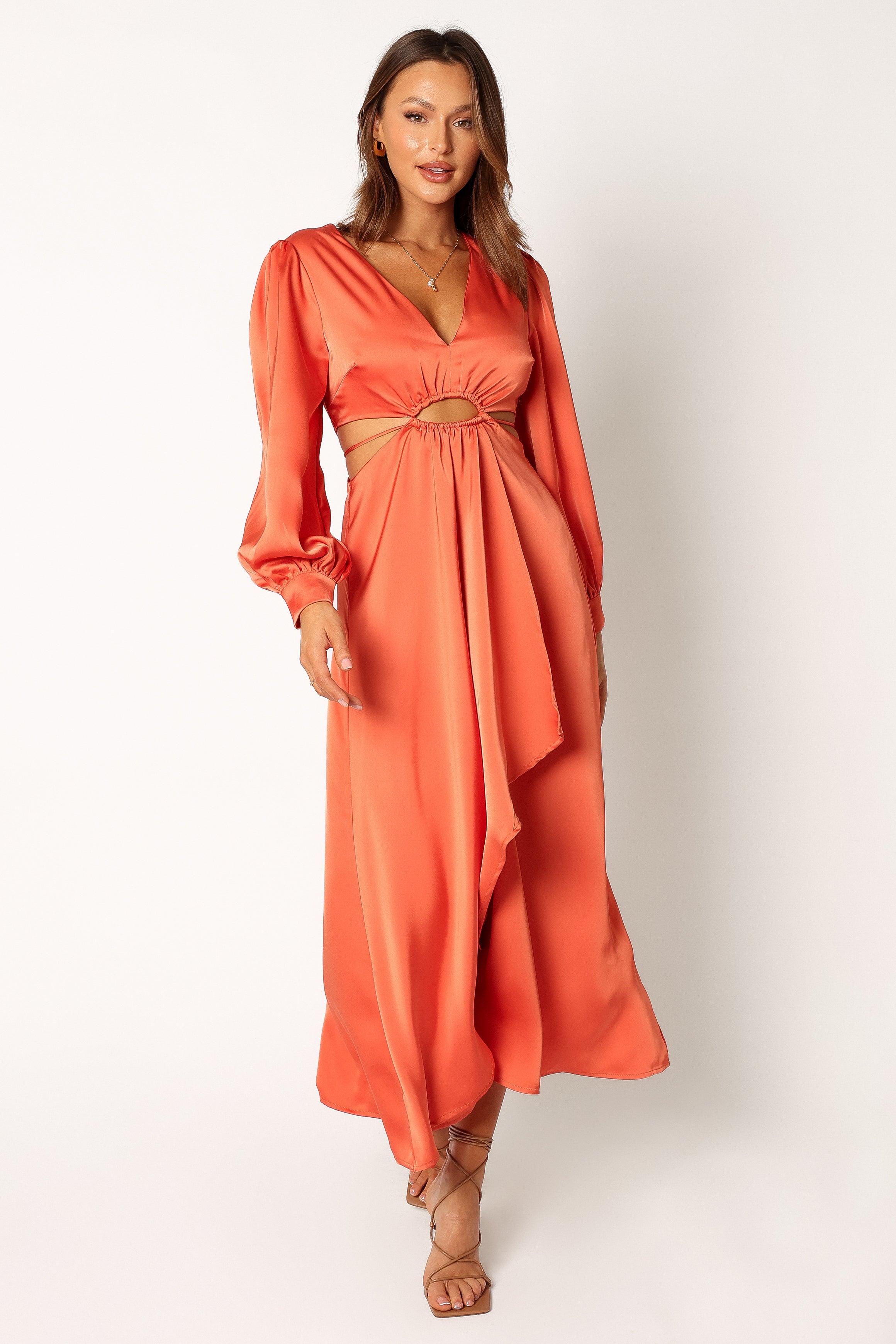 Orange Satin Midi Dress with V-Neck & Cut-Out Detail