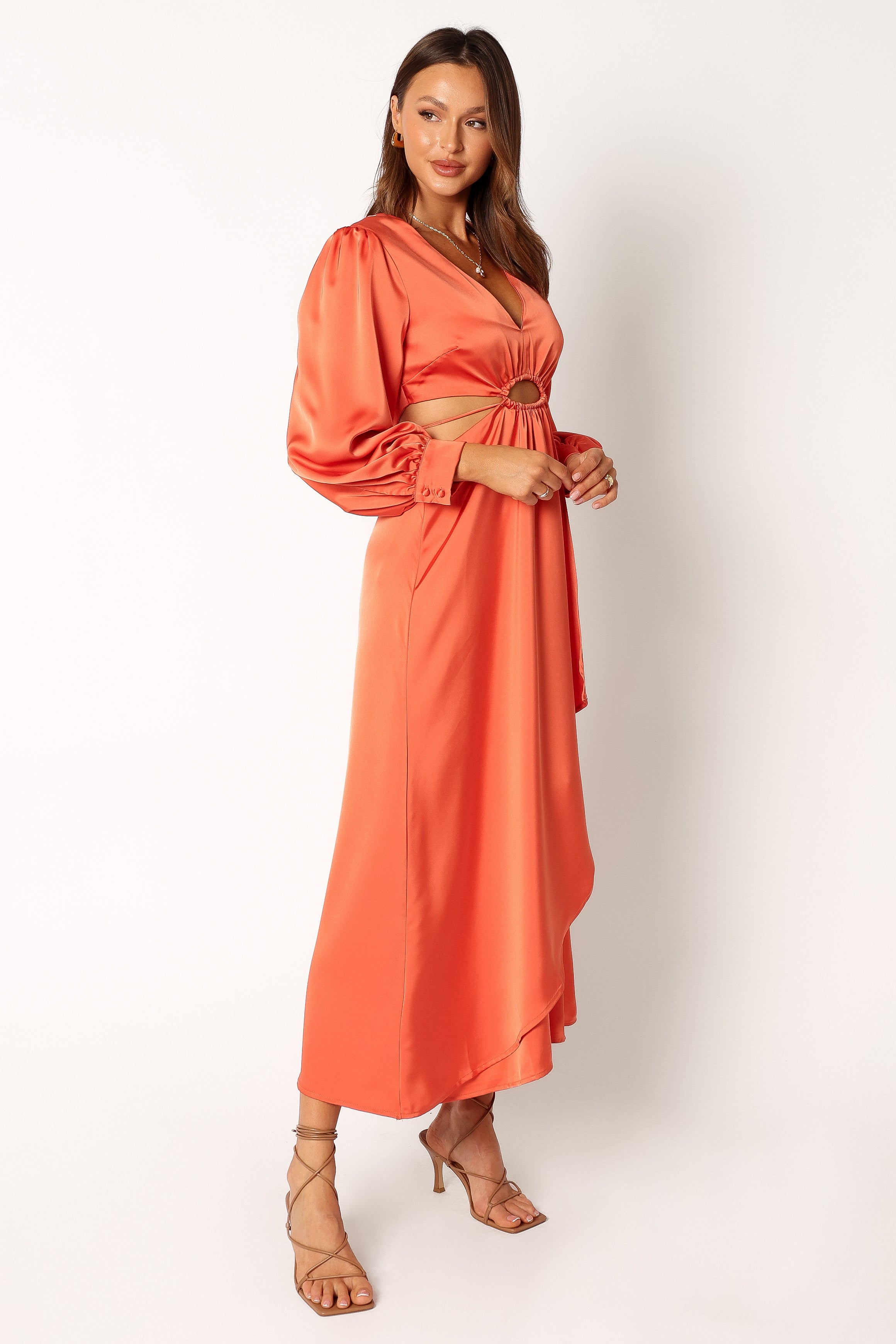 Orange Satin Midi Dress with V-Neck & Cut-Out Detail