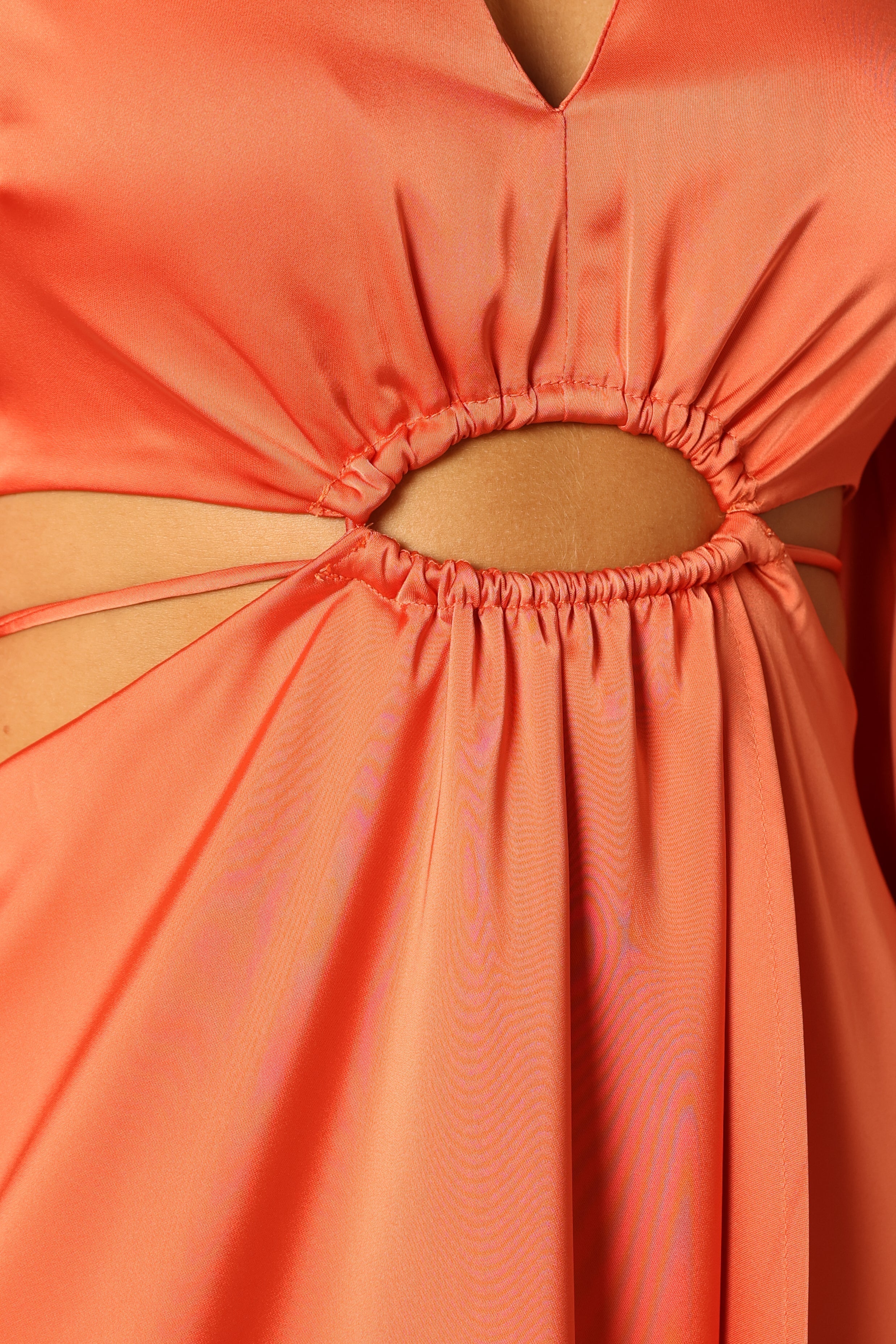 Orange Satin Midi Dress with V-Neck & Cut-Out Detail