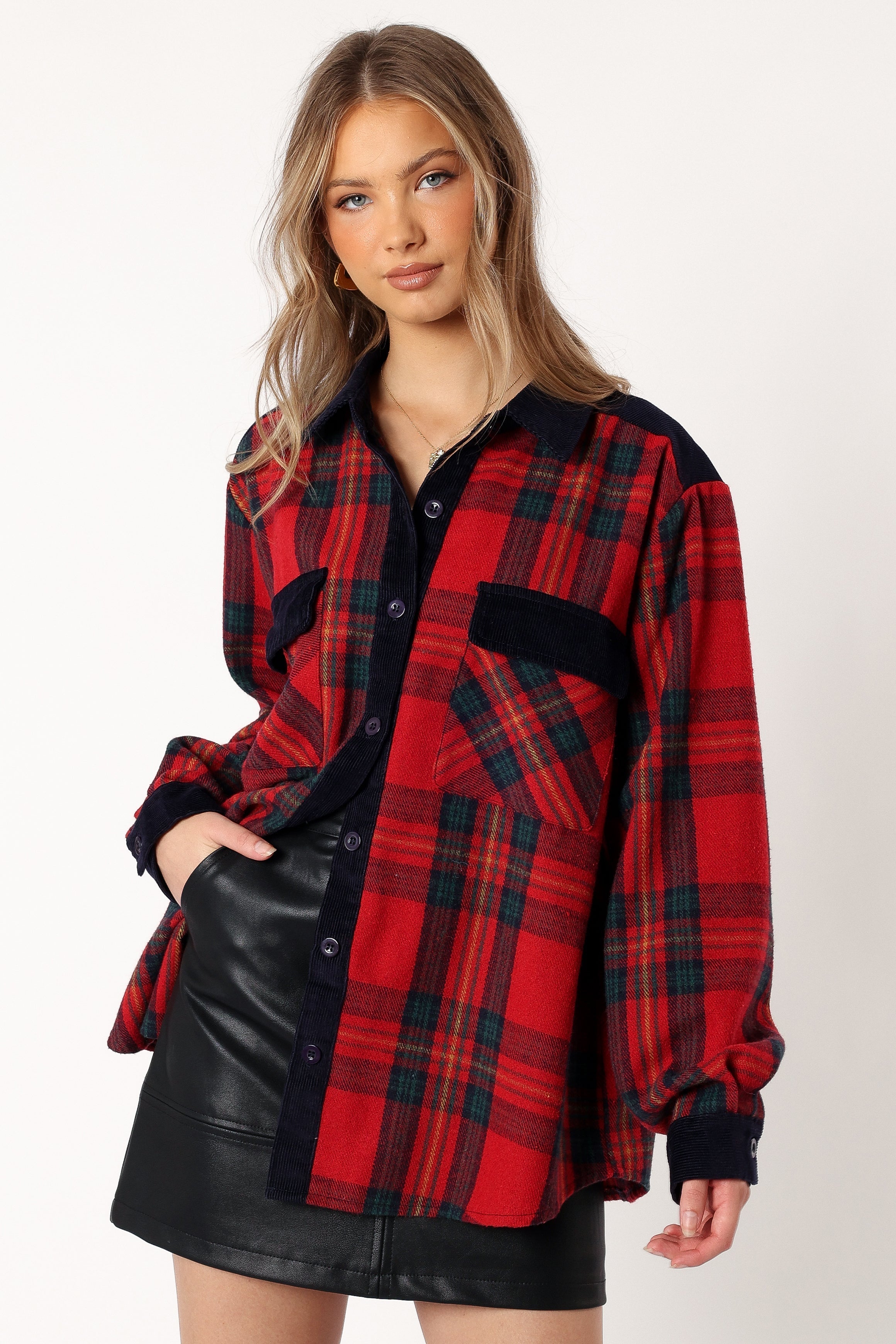 Lucille Plaid Shacket - Red & Navy Flannel Shirt Jacket for Women