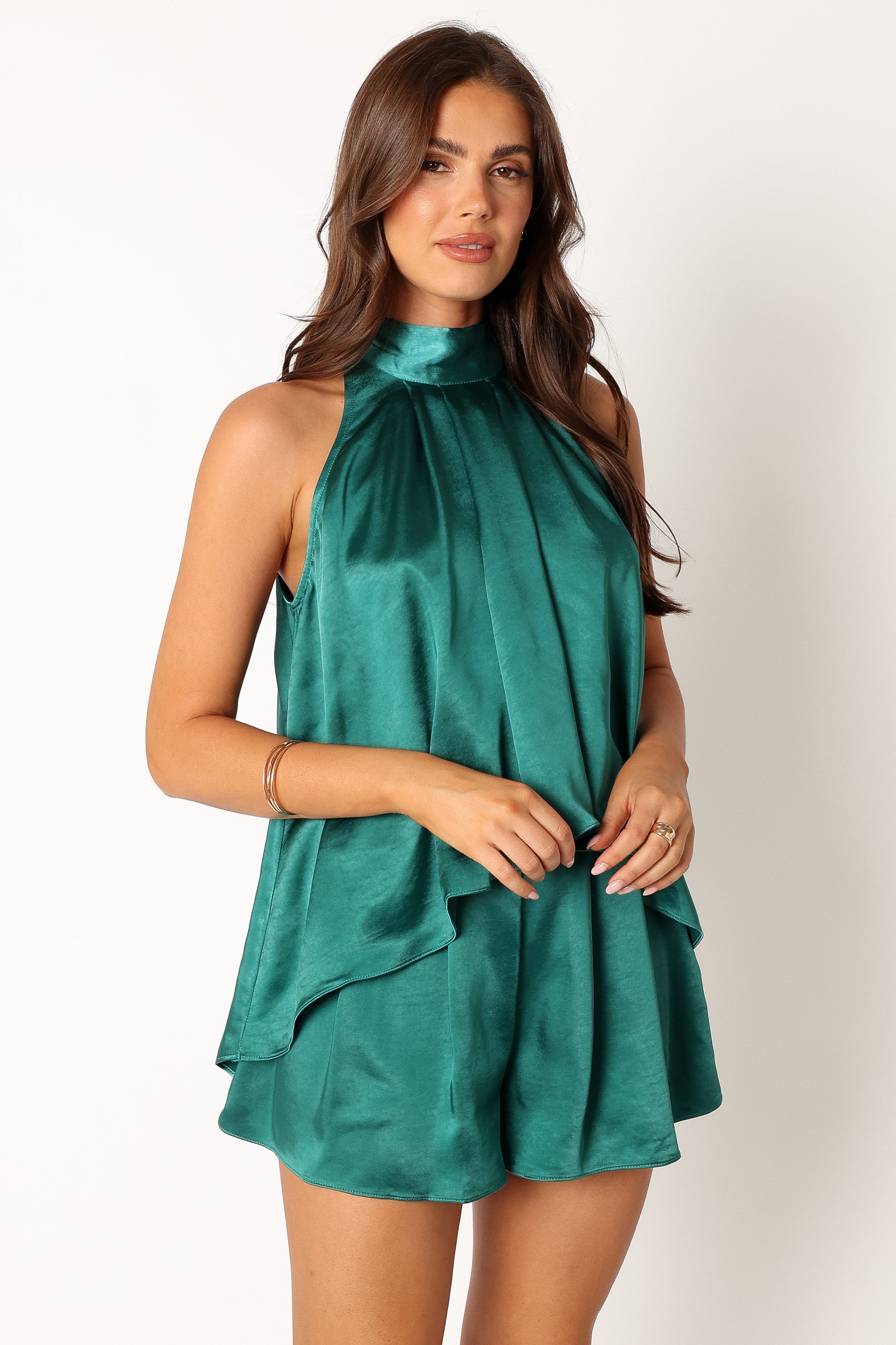 Teal Green Phoebe Satin Short Set - Halter Neck & High Waist