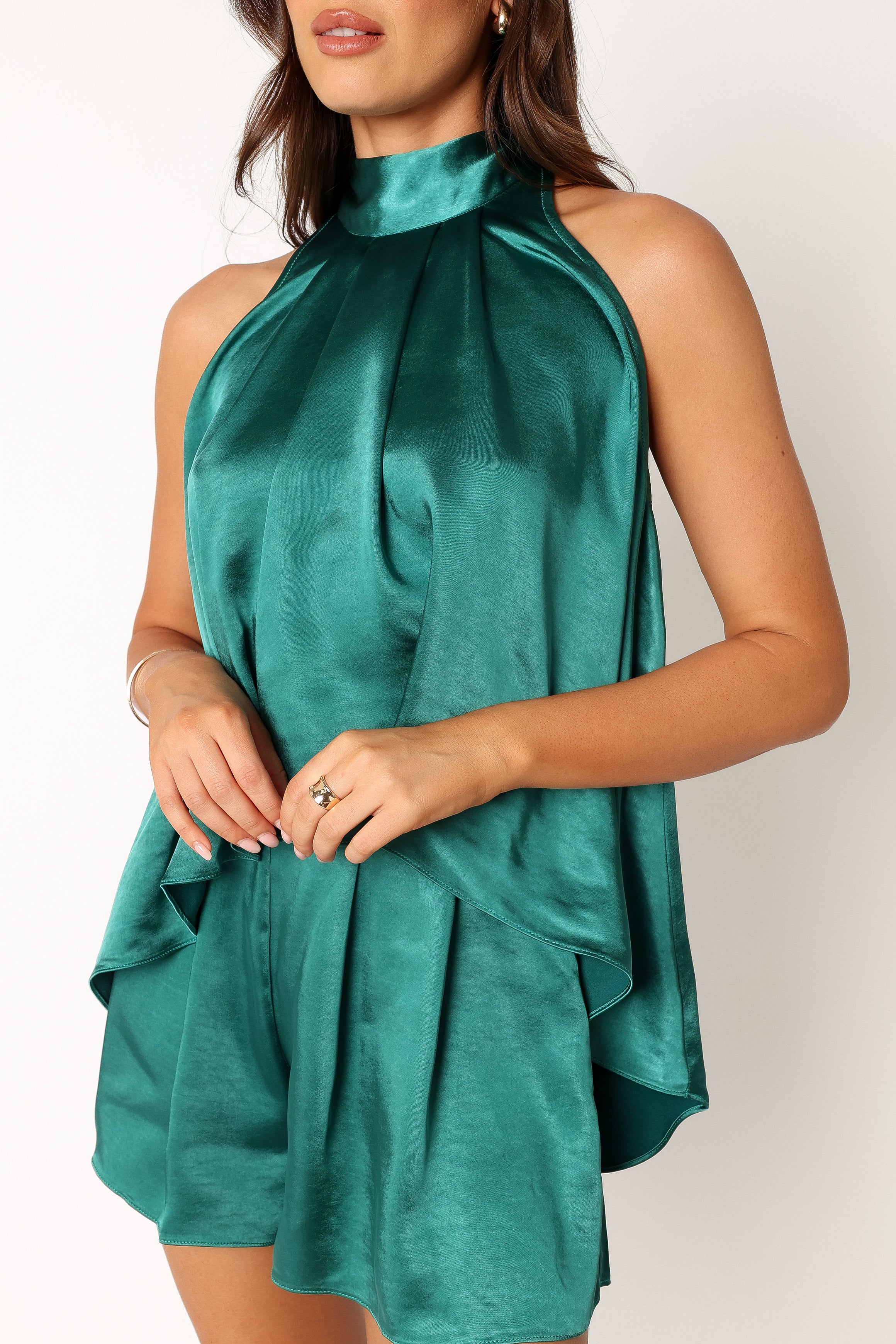 Teal Green Phoebe Satin Short Set - Halter Neck & High Waist