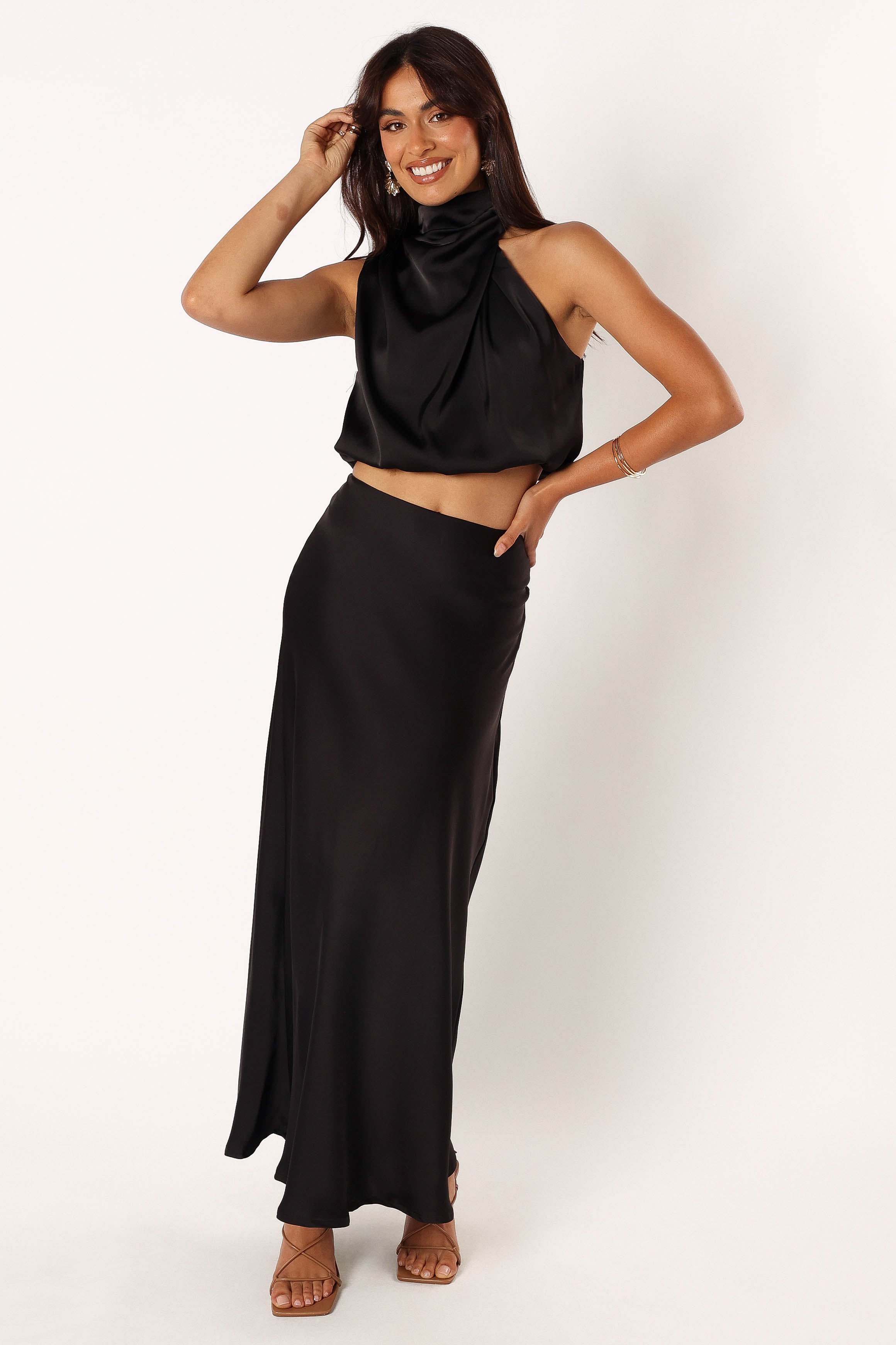 Black Satin Two Piece Set - Fiorella Sleeveless Top & Maxi Skirt