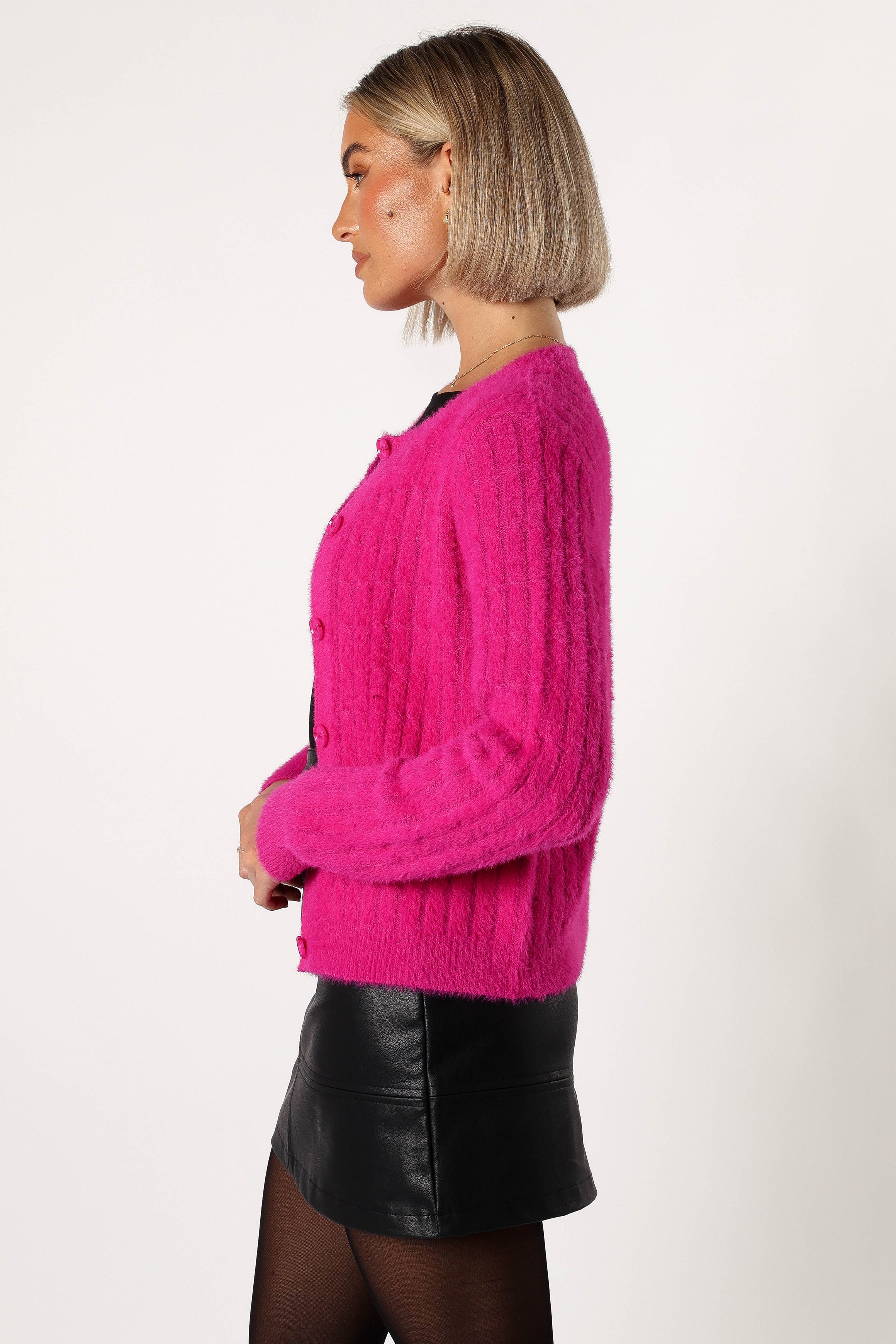 Women's Magenta Button Front Cardigan - Soft Knit Long Sleeve