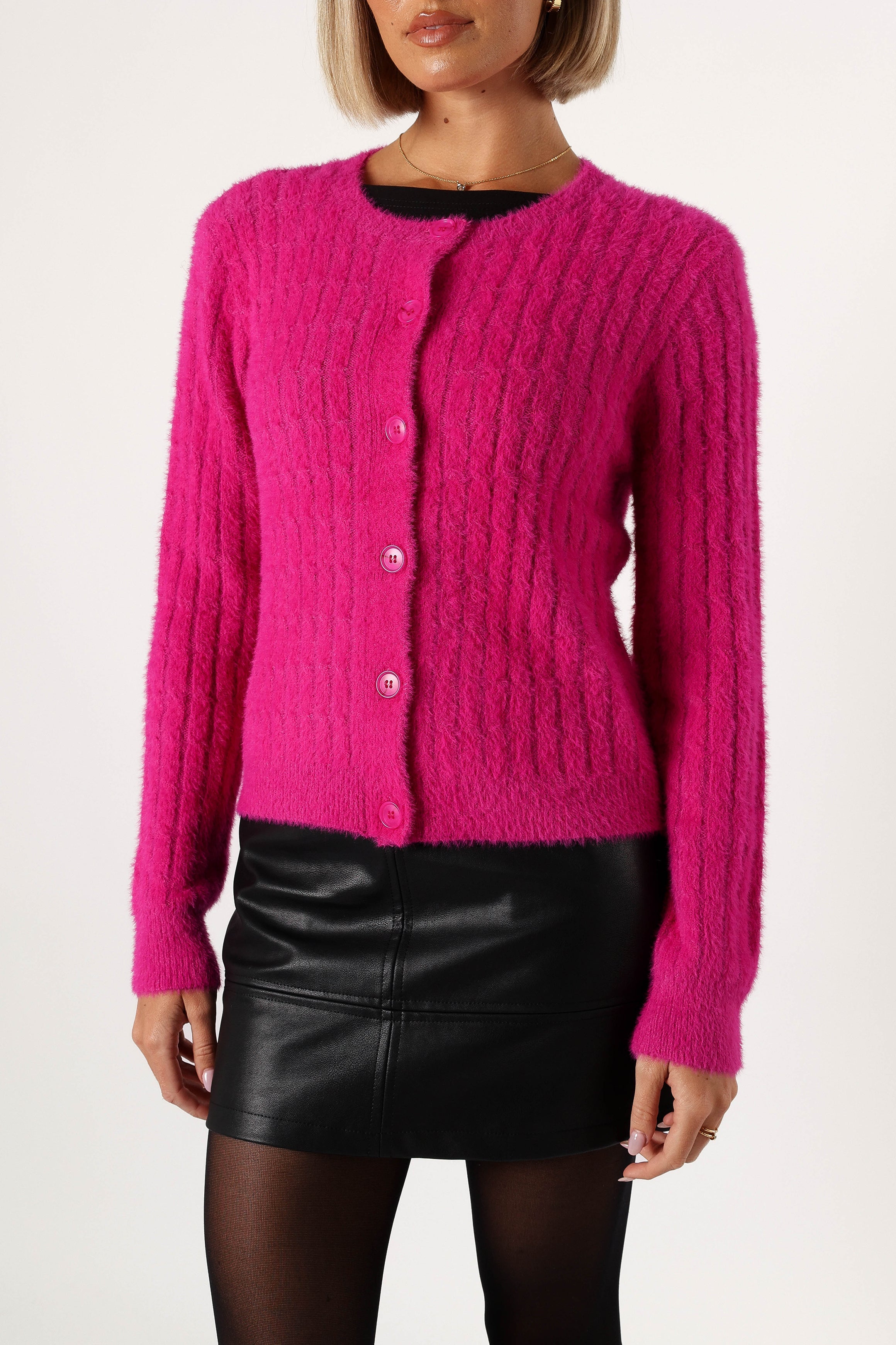 Women's Magenta Button Front Cardigan - Soft Knit Long Sleeve