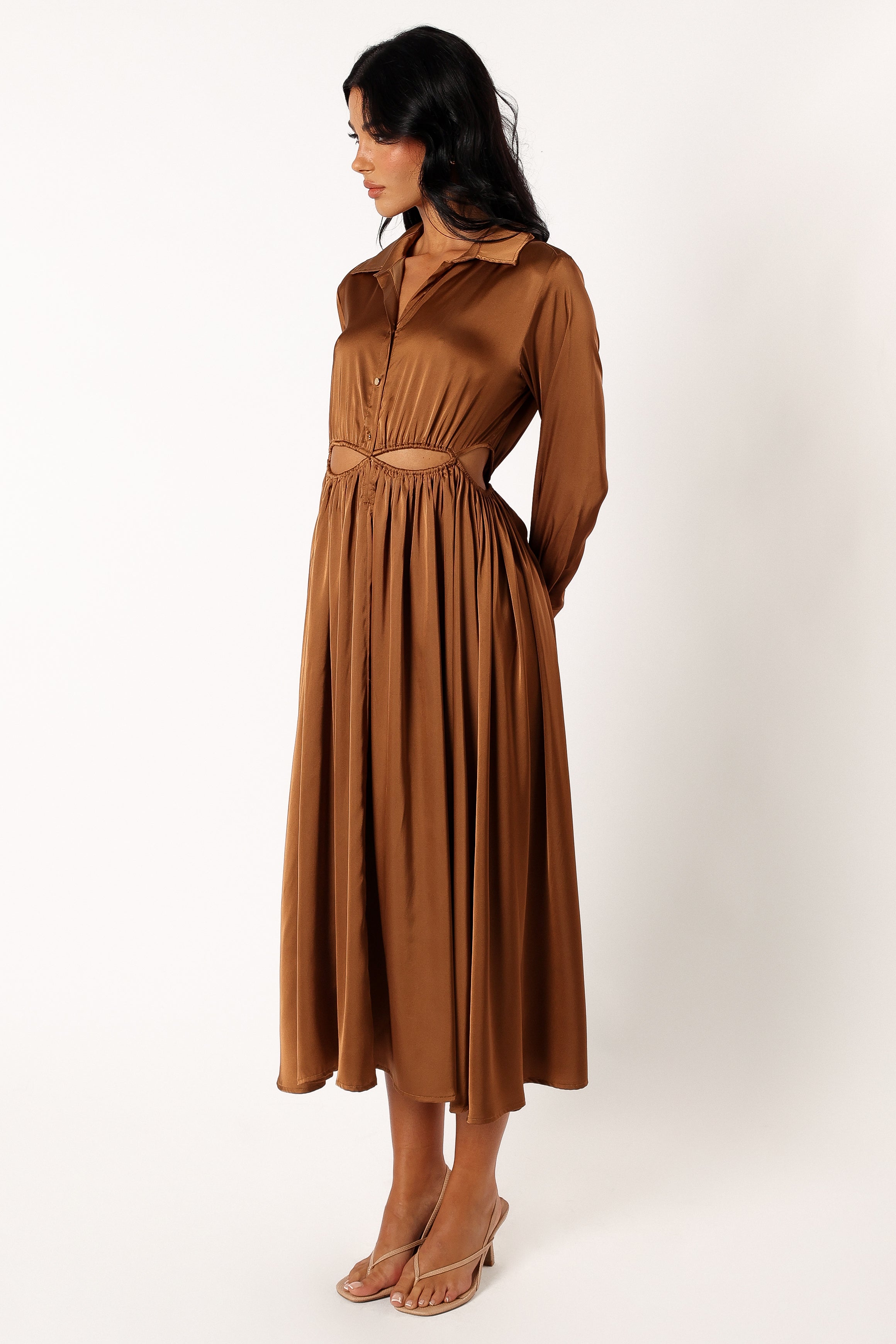 Bronze Long Sleeve Midi Dress with Cutout Detail - Jett