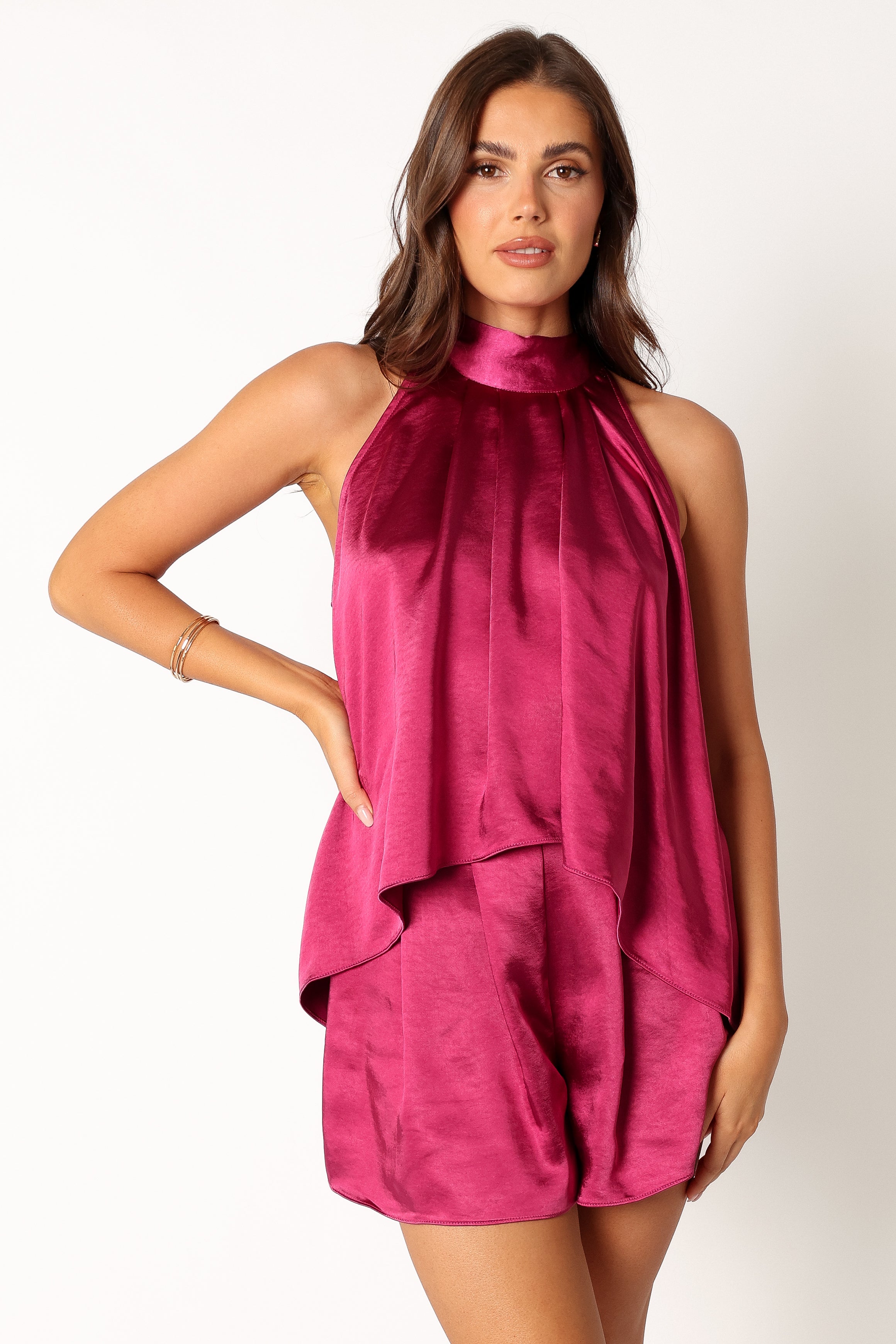 Magenta Phoebe Halter Neck Short Set - Satin Party Outfit