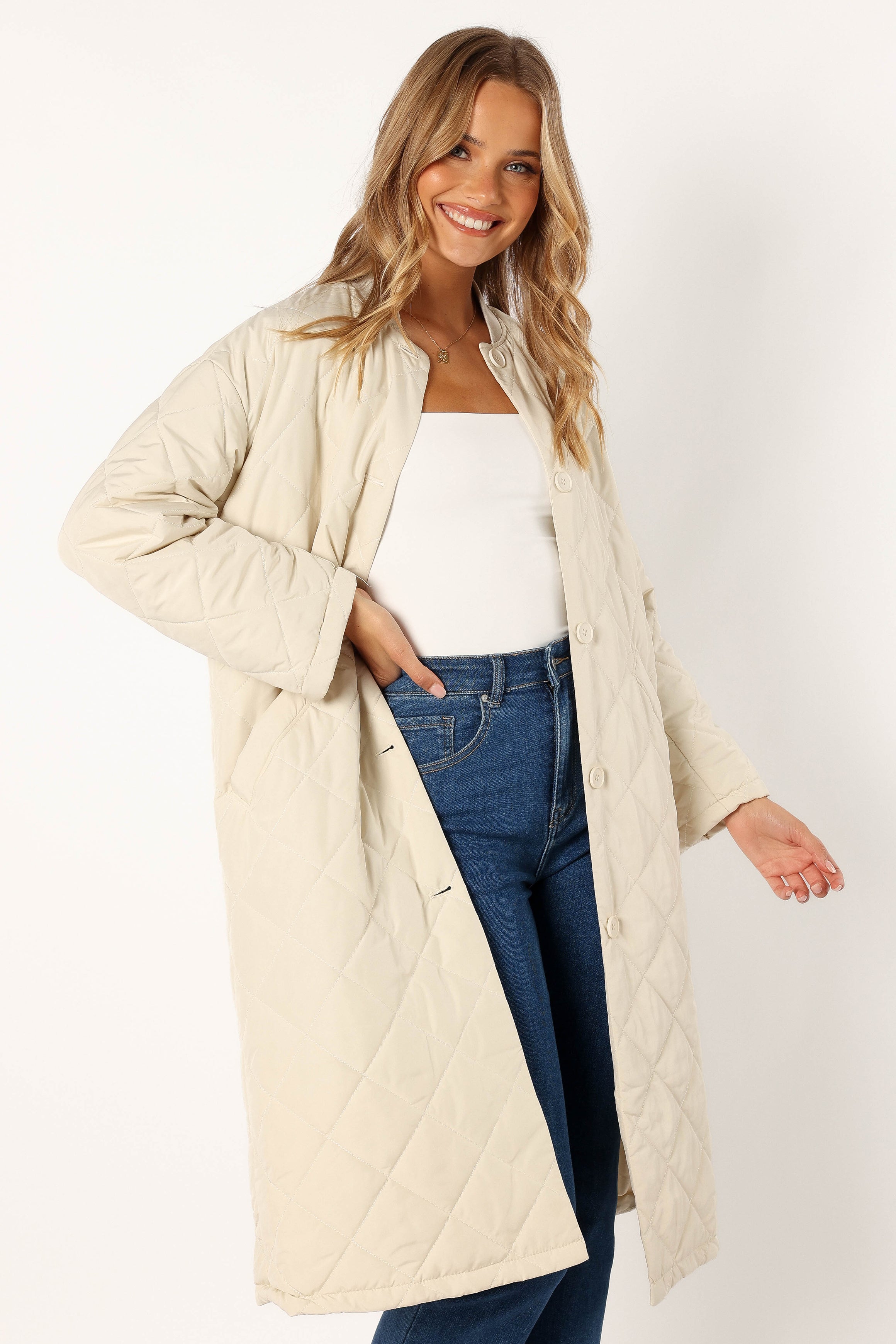 Quilted Jacket for Women - Clea Bone Polyester Coat with Buttons