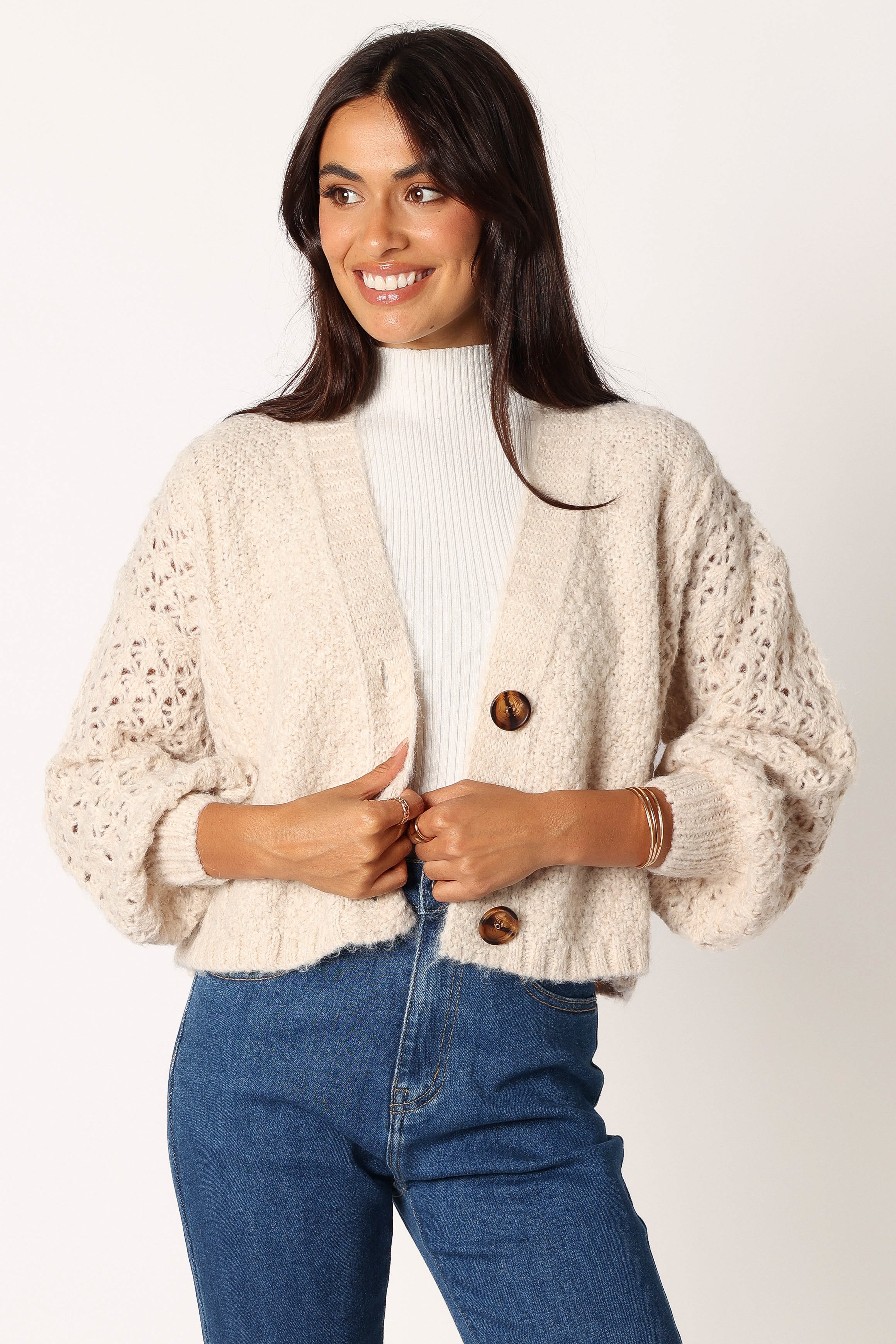 Blakey Cropped V-Neck Cardigan - Cream Acrylic Wool Blend