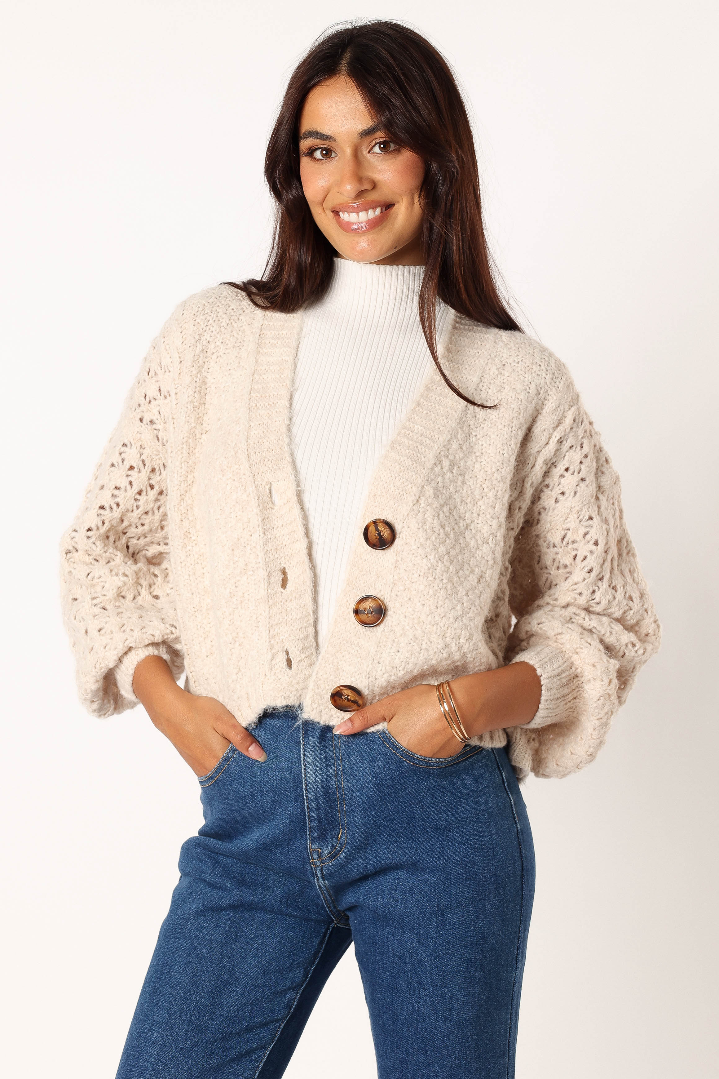 Blakey Cropped V-Neck Cardigan - Cream Acrylic Wool Blend