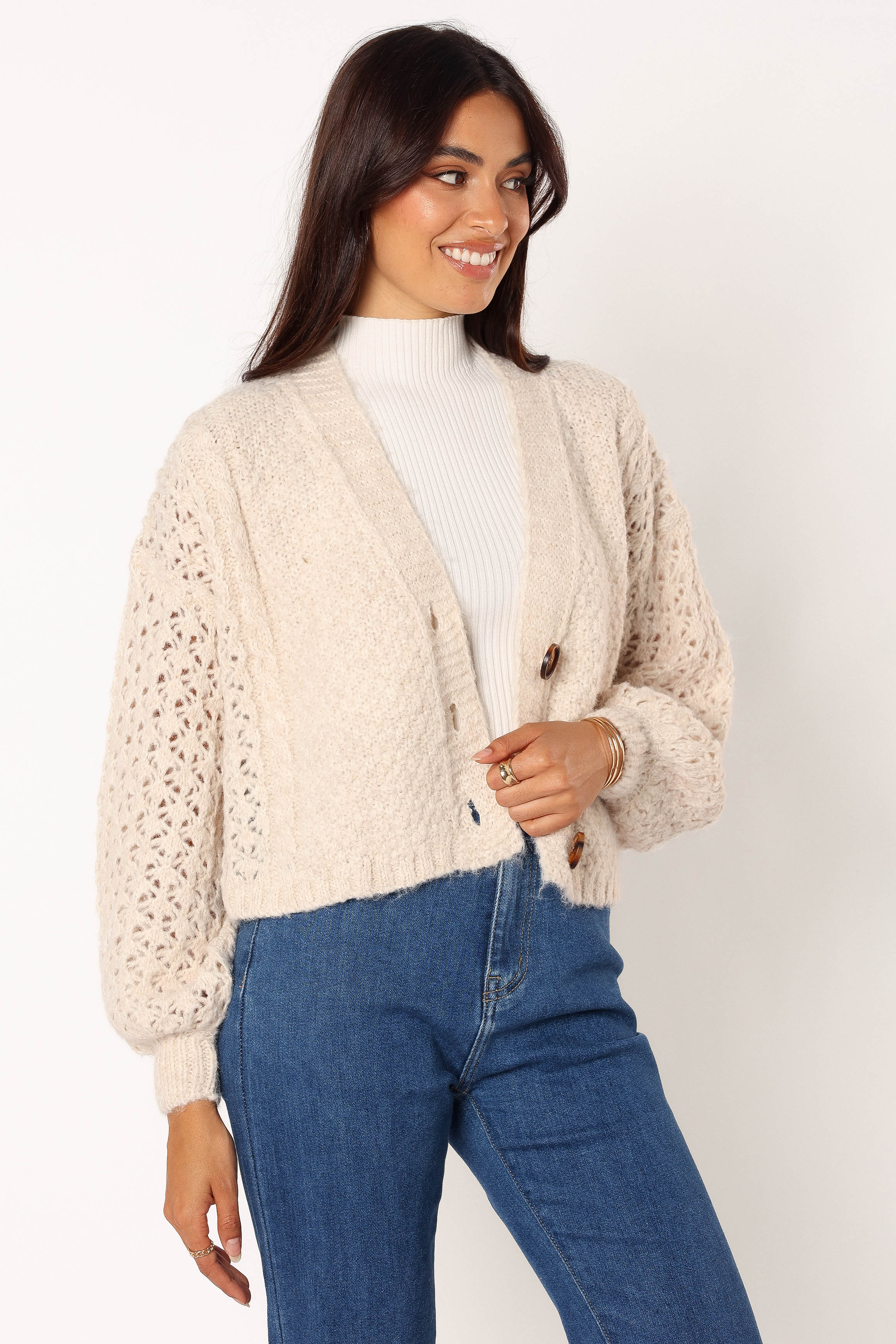 Blakey Cropped V-Neck Cardigan - Cream Acrylic Wool Blend