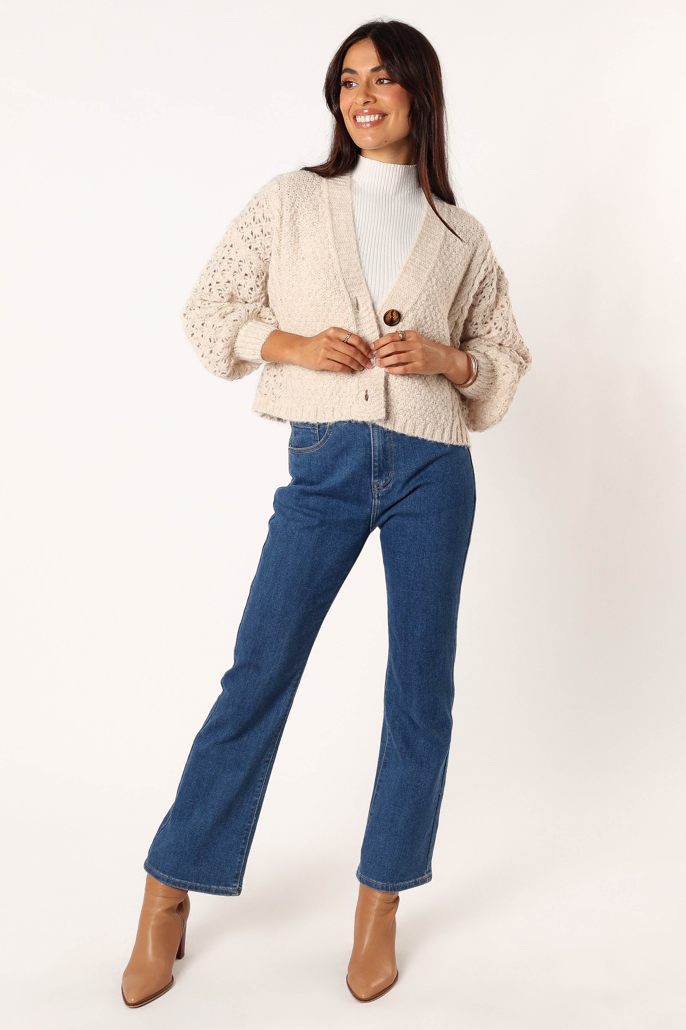 Blakey Cropped V-Neck Cardigan - Cream Acrylic Wool Blend