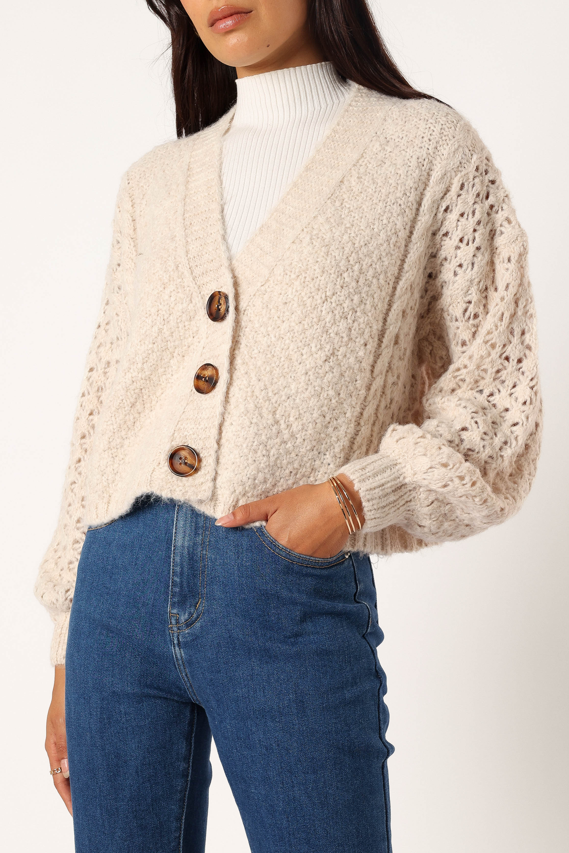 Blakey Cropped V-Neck Cardigan - Cream Acrylic Wool Blend
