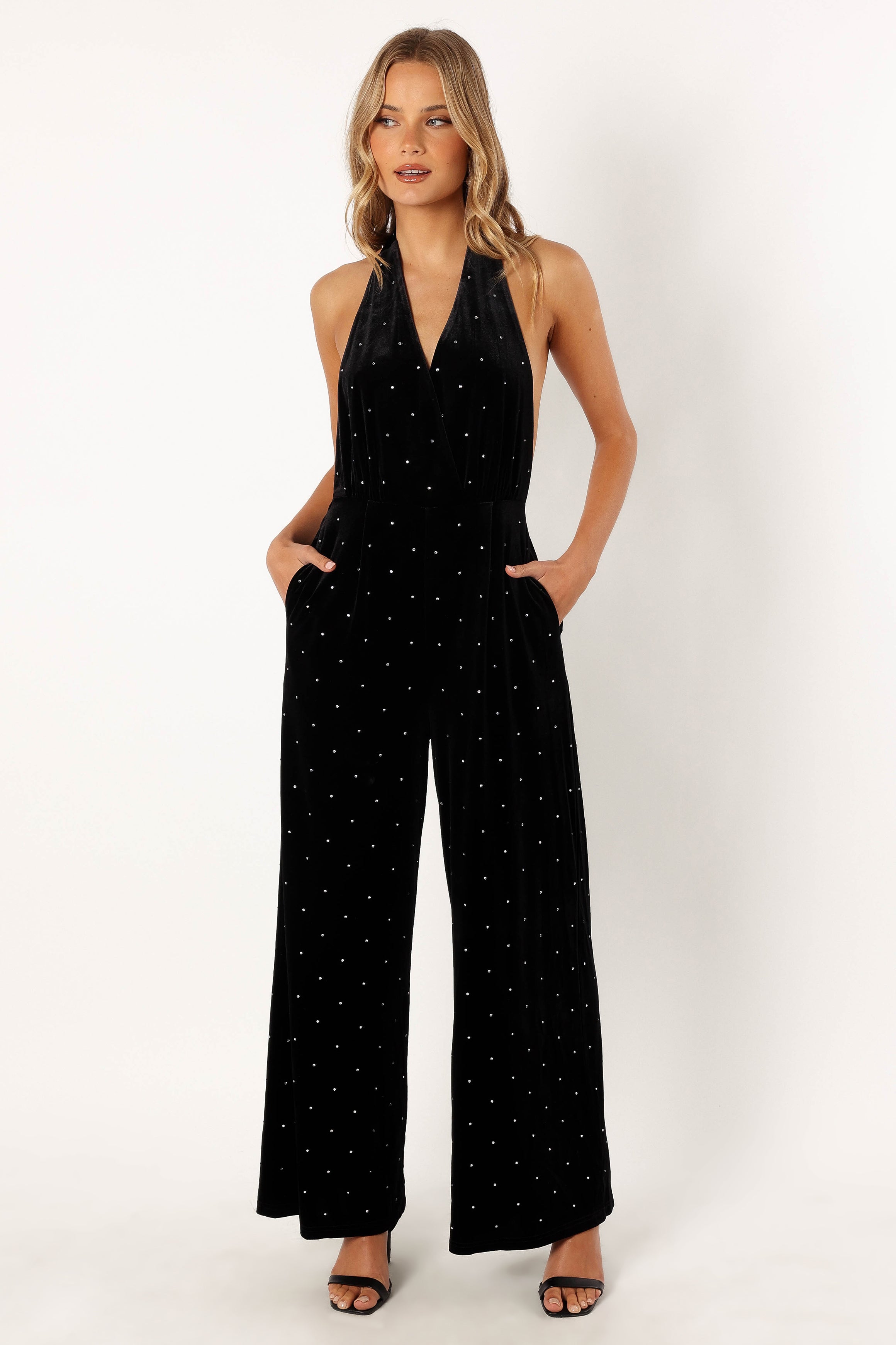 Black Velvet Halter Neck Jumpsuit with Diamante Detail - Gretchen